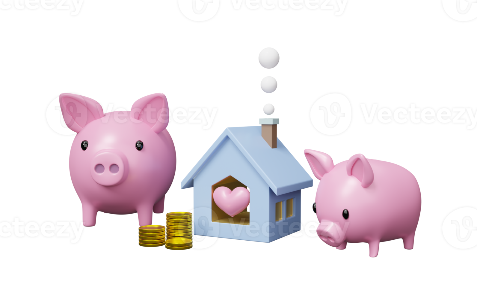 sparschweinfamilie mit goldmünzengeld, geldsparkonzept, 3d-illustration oder 3d-rendering png