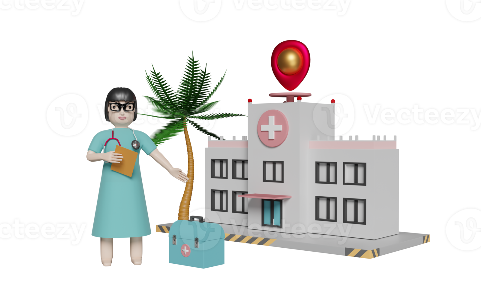 sjukhus byggnad och läkare med medicinsk Utrustning och stift isolerat. begrepp 3d illustration eller 3d framställa png