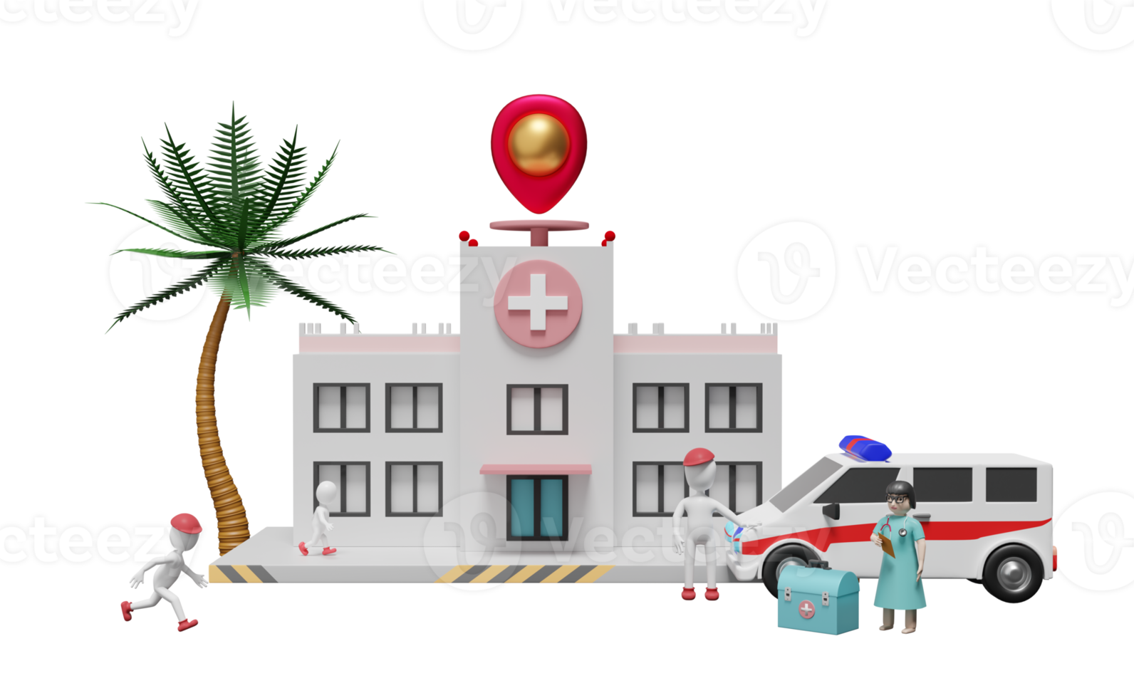 bâtiment de l'hôpital et médecin avec stick man et équipement médical et broche isolés. concept illustration 3d ou rendu 3d png