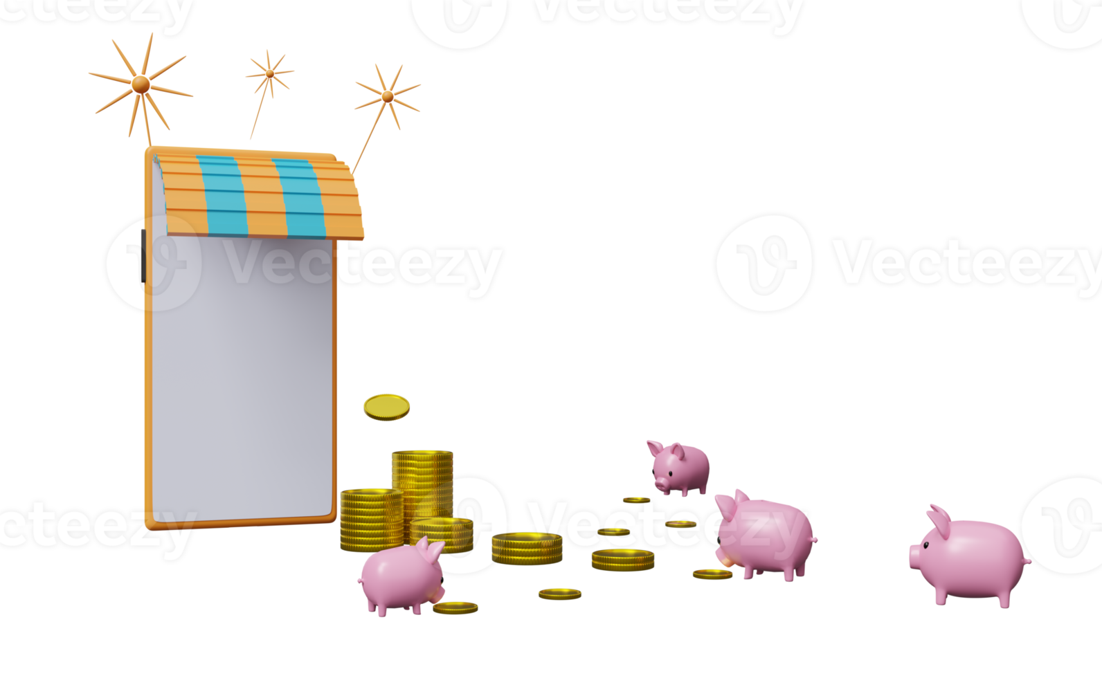piggy bank family and mobile phone with gold coins money, make money Concept, 3d illustration or 3d render png