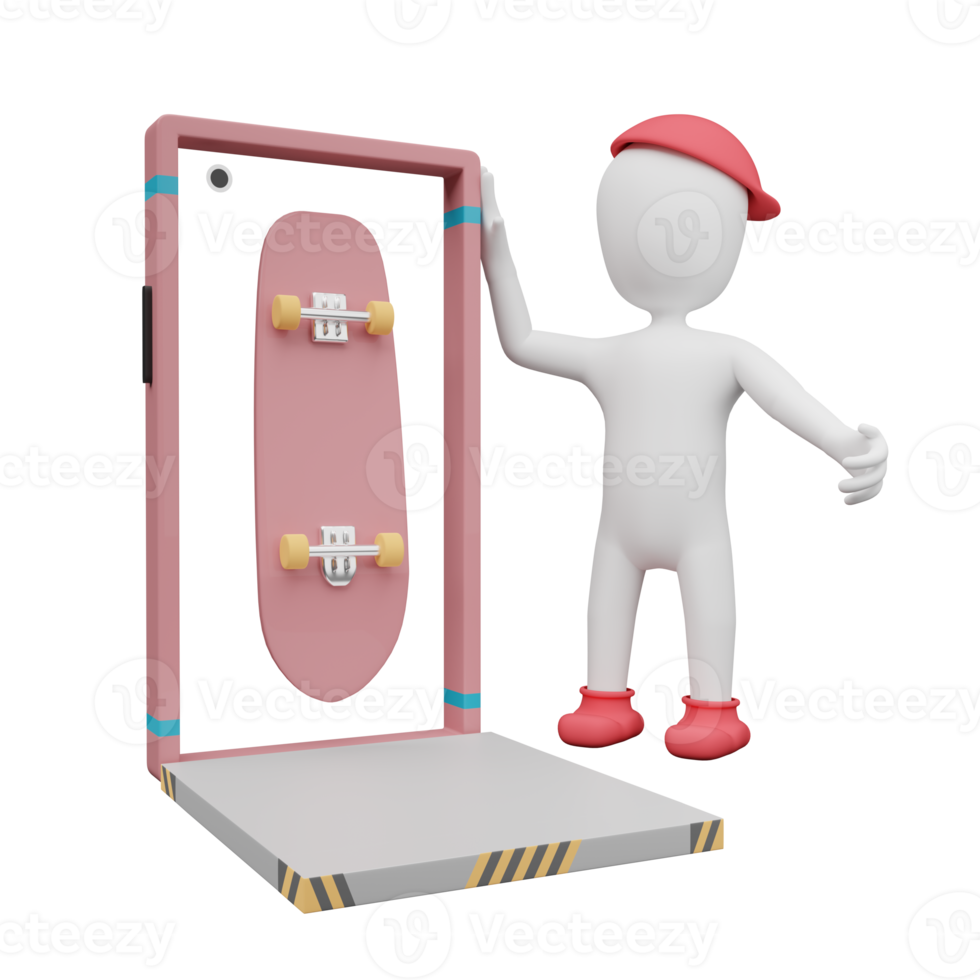 Stick man with skateboard or surf skate and mobile phone isolated. Concept 3d illustration or 3d render png