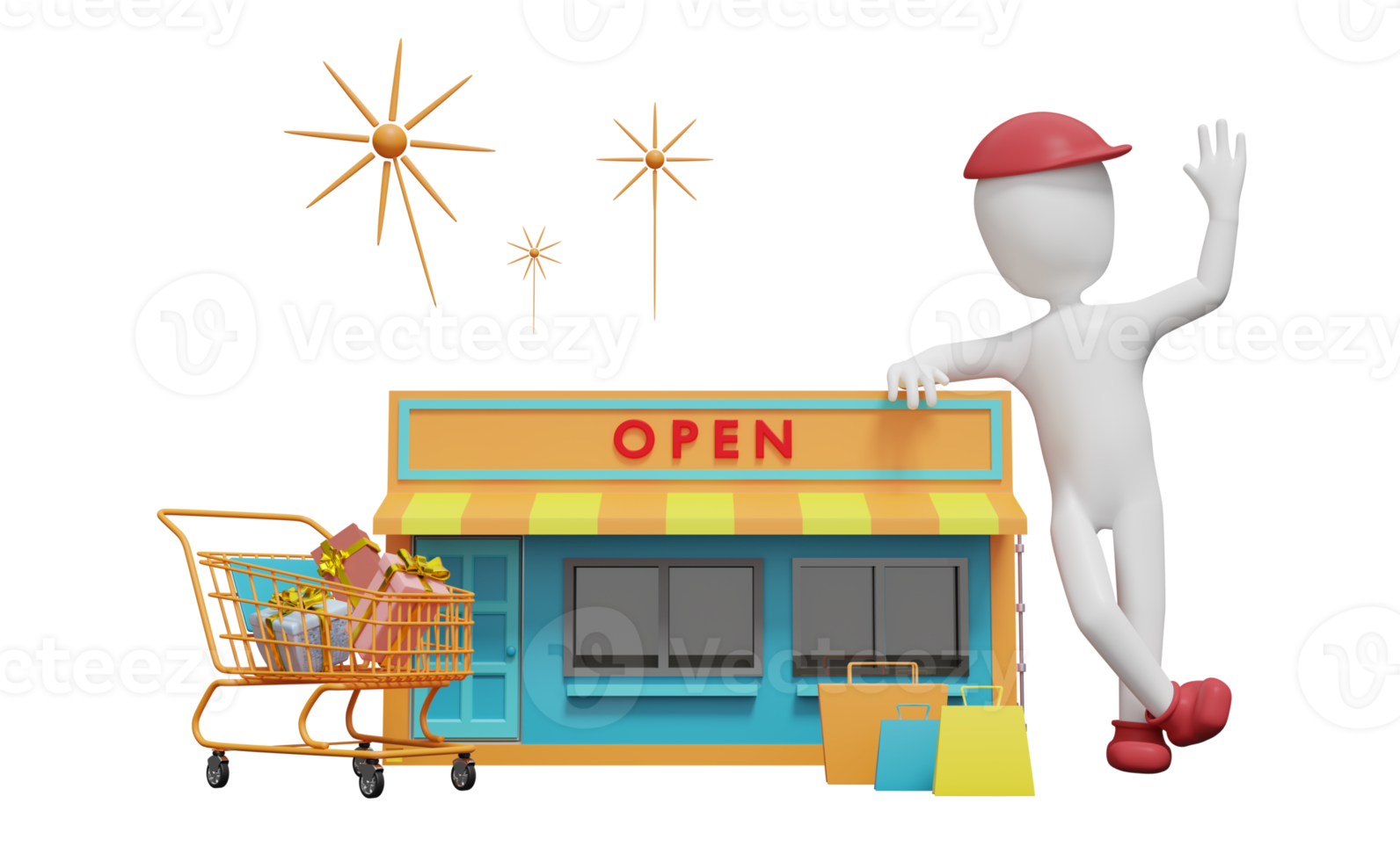 Stick man and store front with gift box and shopping, franchise business concept, 3d illustration or 3d render png