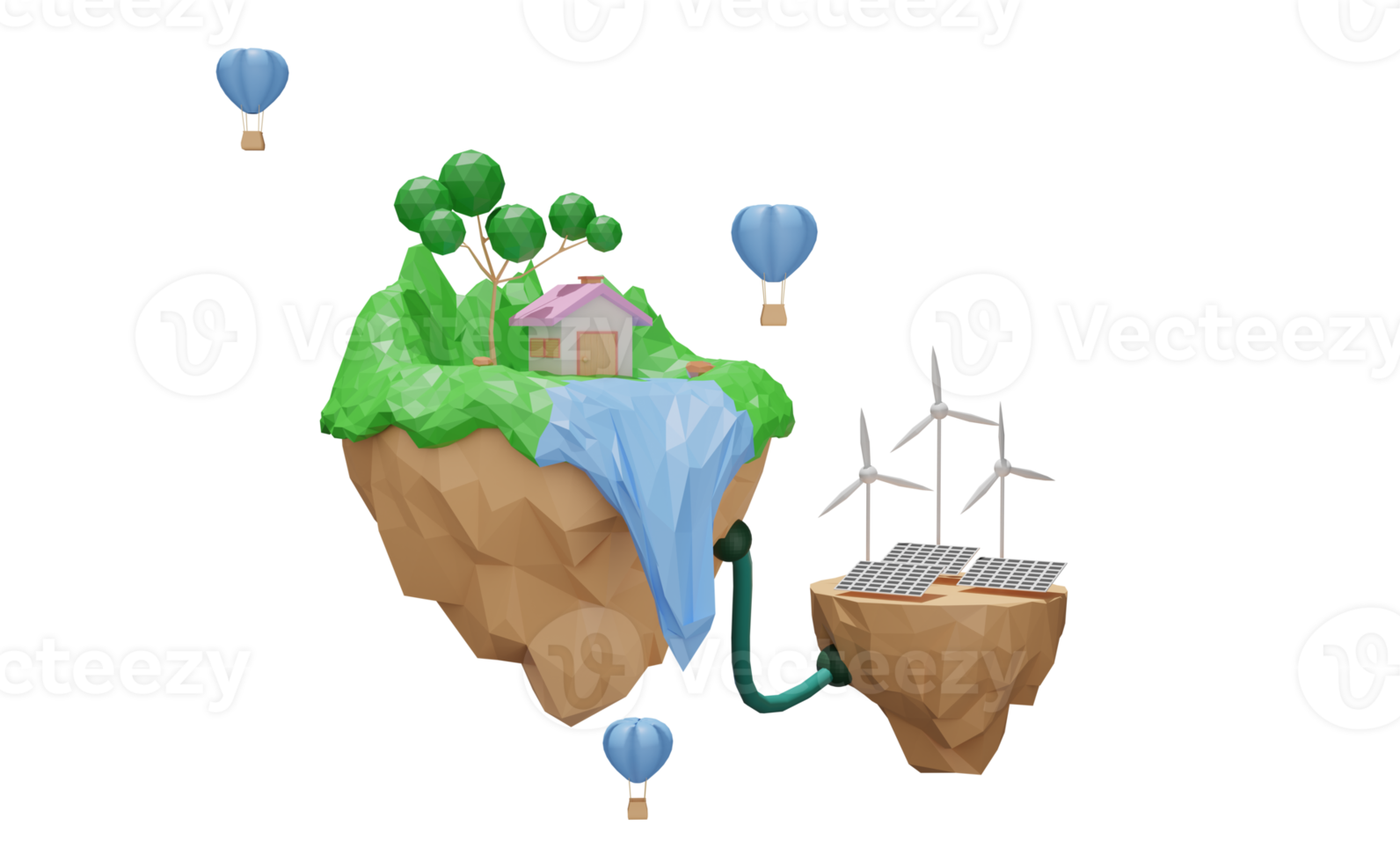 la maison de campagne utilise une centrale électrique sur une île flottante avec des panneaux solaires et des éoliennes, un concept d'énergie propre, une conception à faible polygone, une illustration 3d ou un rendu 3d png