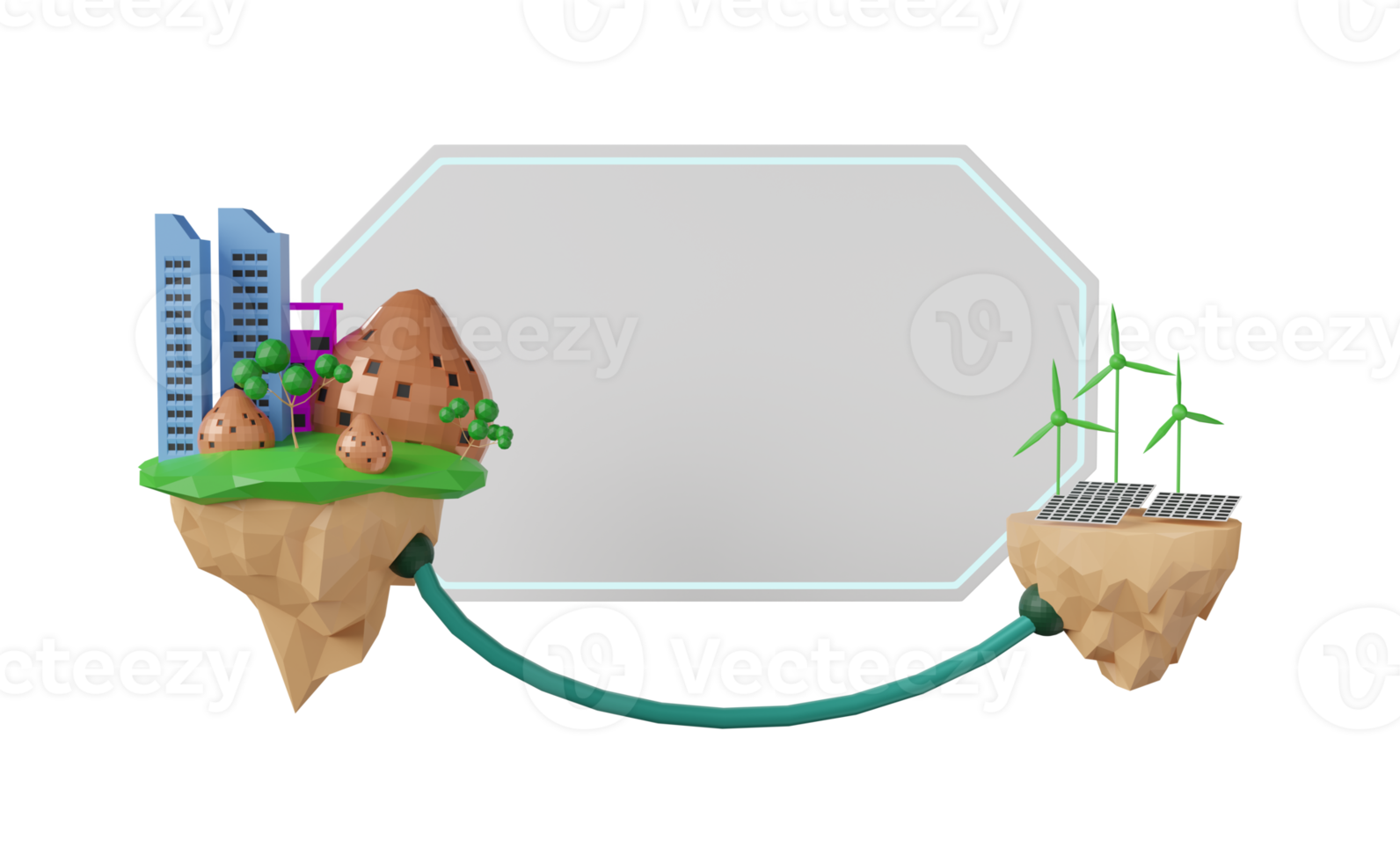 Country house uses power plant station on floating island with solar panels and wind turbines in room, Learning clean energy concept, Low polygon design, 3d illustration or 3d rendering png