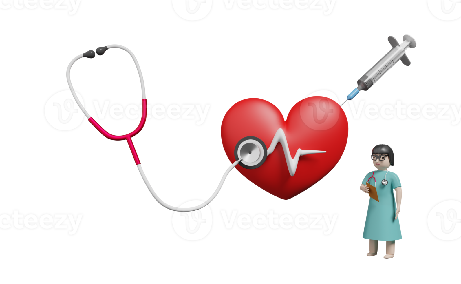 corazón rojo con electrocardiograma y estetoscopio y médico aislado. amor por la salud o concepto del día mundial del corazón, ilustración 3d o representación 3d png