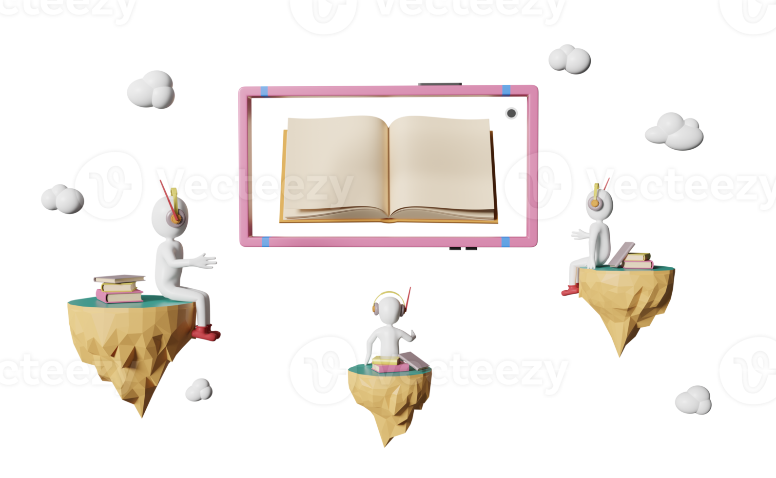 stick man e isla flotante con libro y teléfono móvil, concepto de aprendizaje de aplicaciones educativas, ilustración 3d o representación 3d png