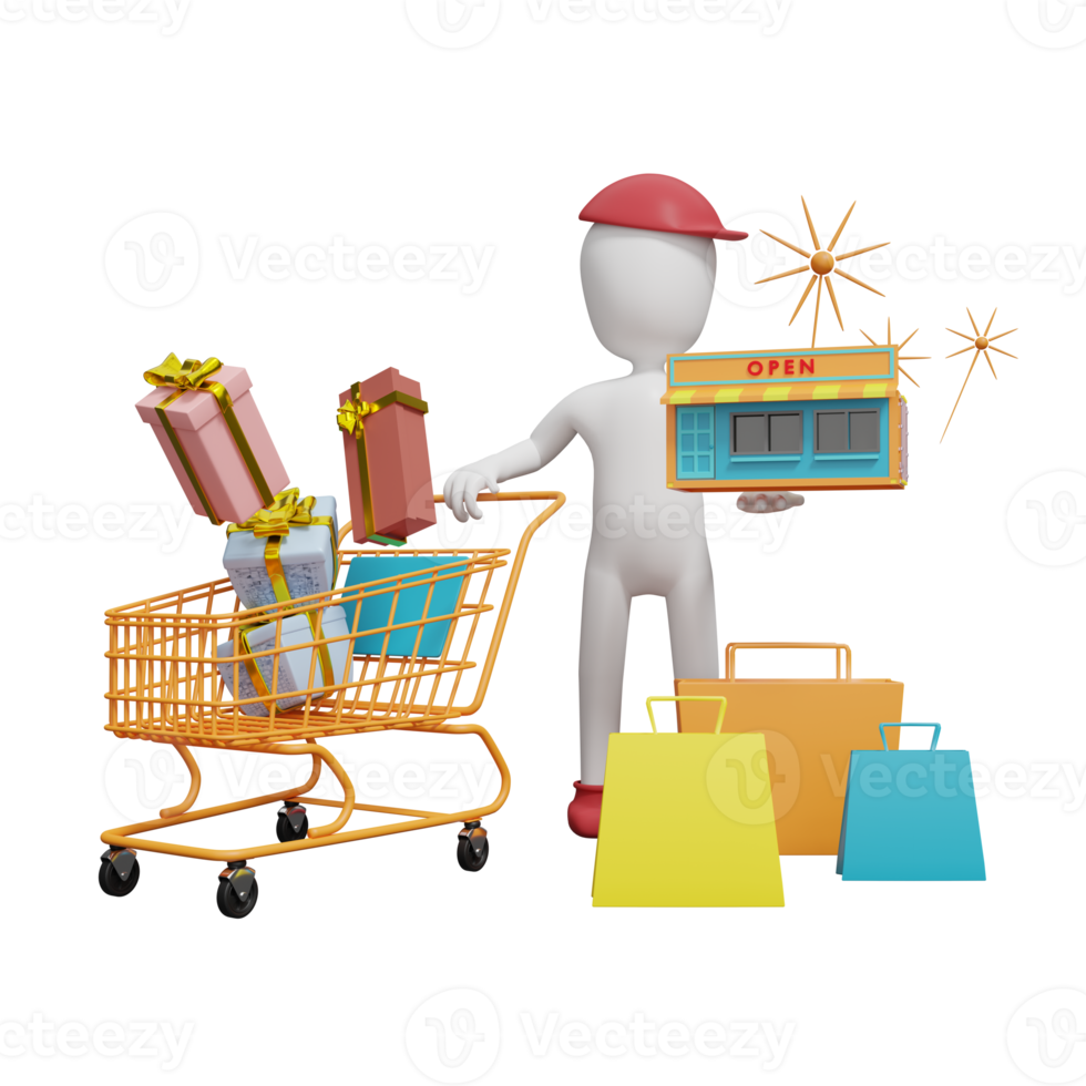 stick man y escaparate con caja de regalo y carrito de compras aislado. concepto de negocio de franquicia, ilustración 3d o presentación 3d png