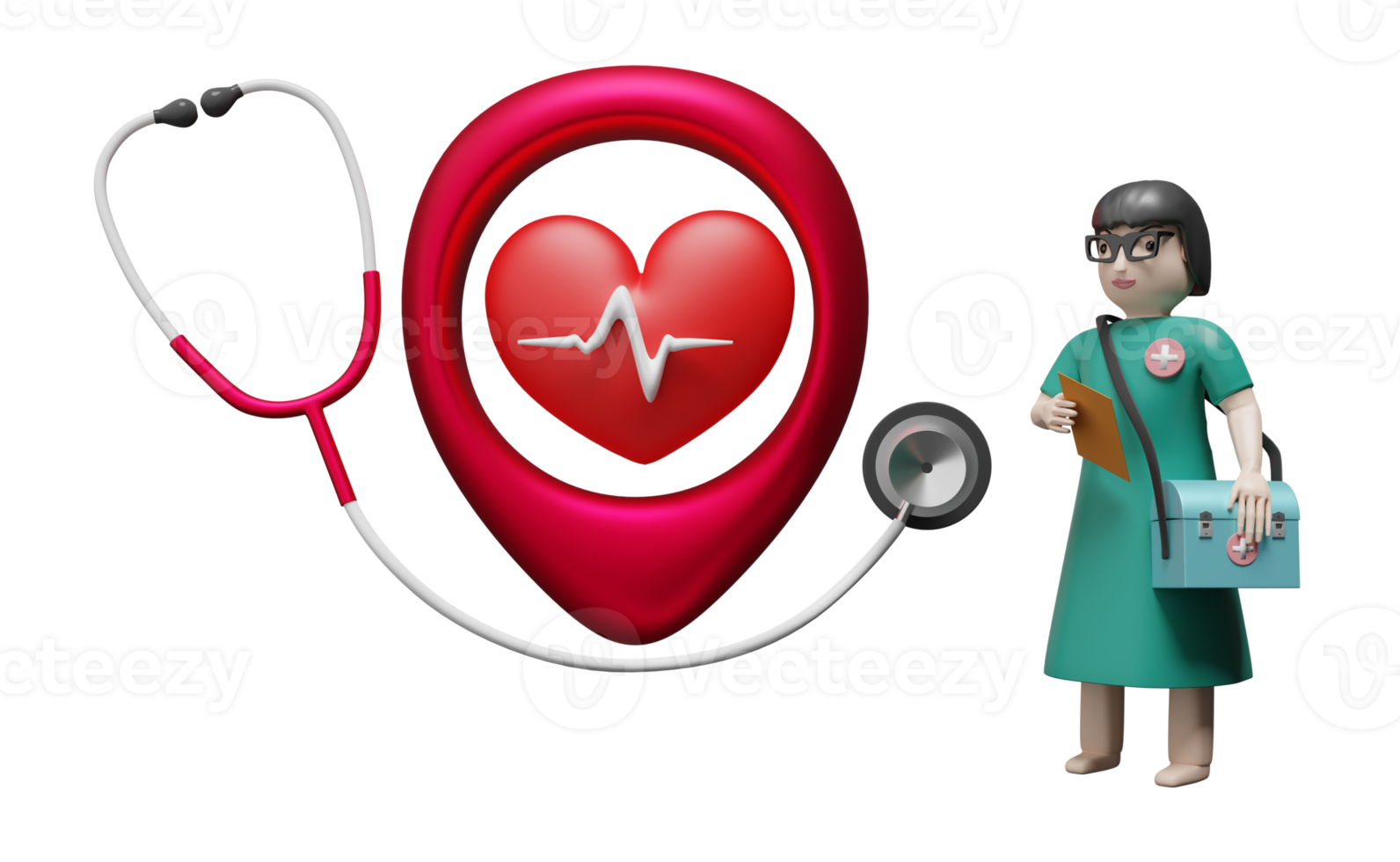 corazón rojo con electrocardiograma y estetoscopio y médico aislado. amor por la salud o concepto del día mundial del corazón, ilustración 3d o representación 3d png