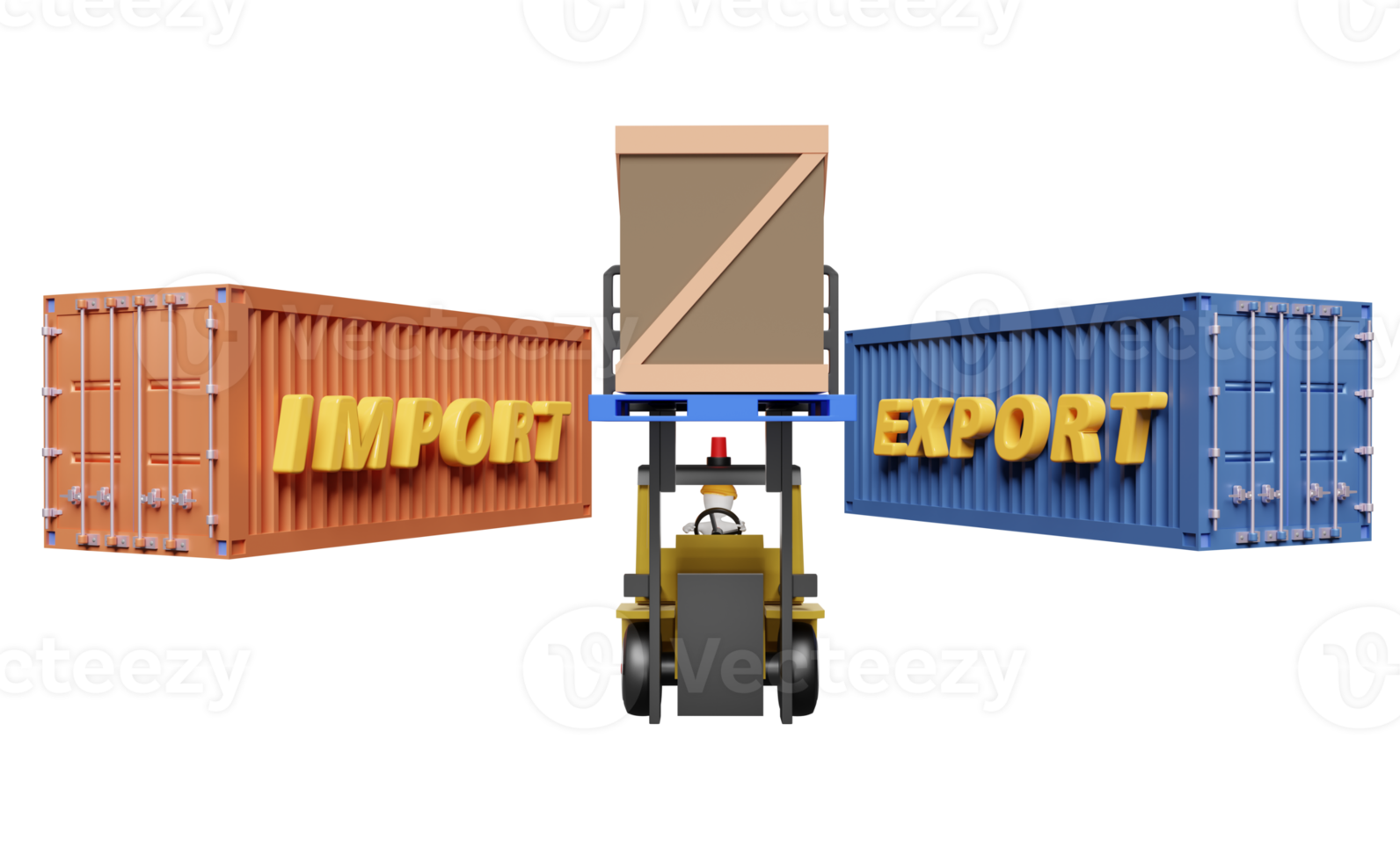 Stick man with shipping container for import export and forklift and goods and pallet, logistic service concept isolated. 3d illustration or 3d render png