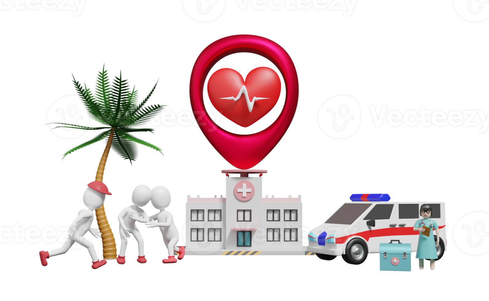 ziekenhuis gebouw en dokter met stok Mens en rood hart en pin geïsoleerd. hart behandeling centrum concept, 3d illustratie of 3d renderen png