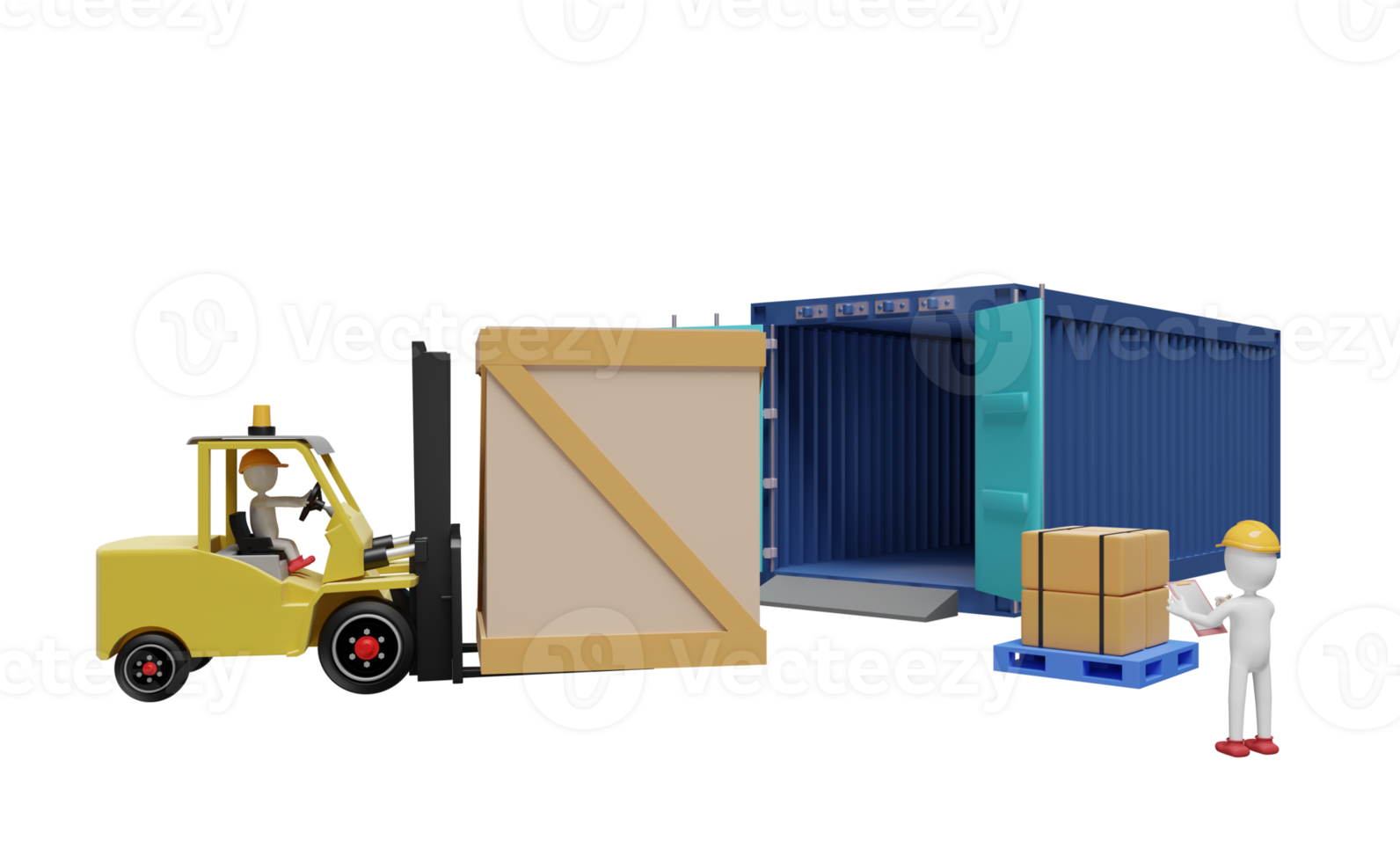 Stick man with shipping container for import export and forklift and goods and pallet, logistic service concept isolated. 3d illustration or 3d rendering png