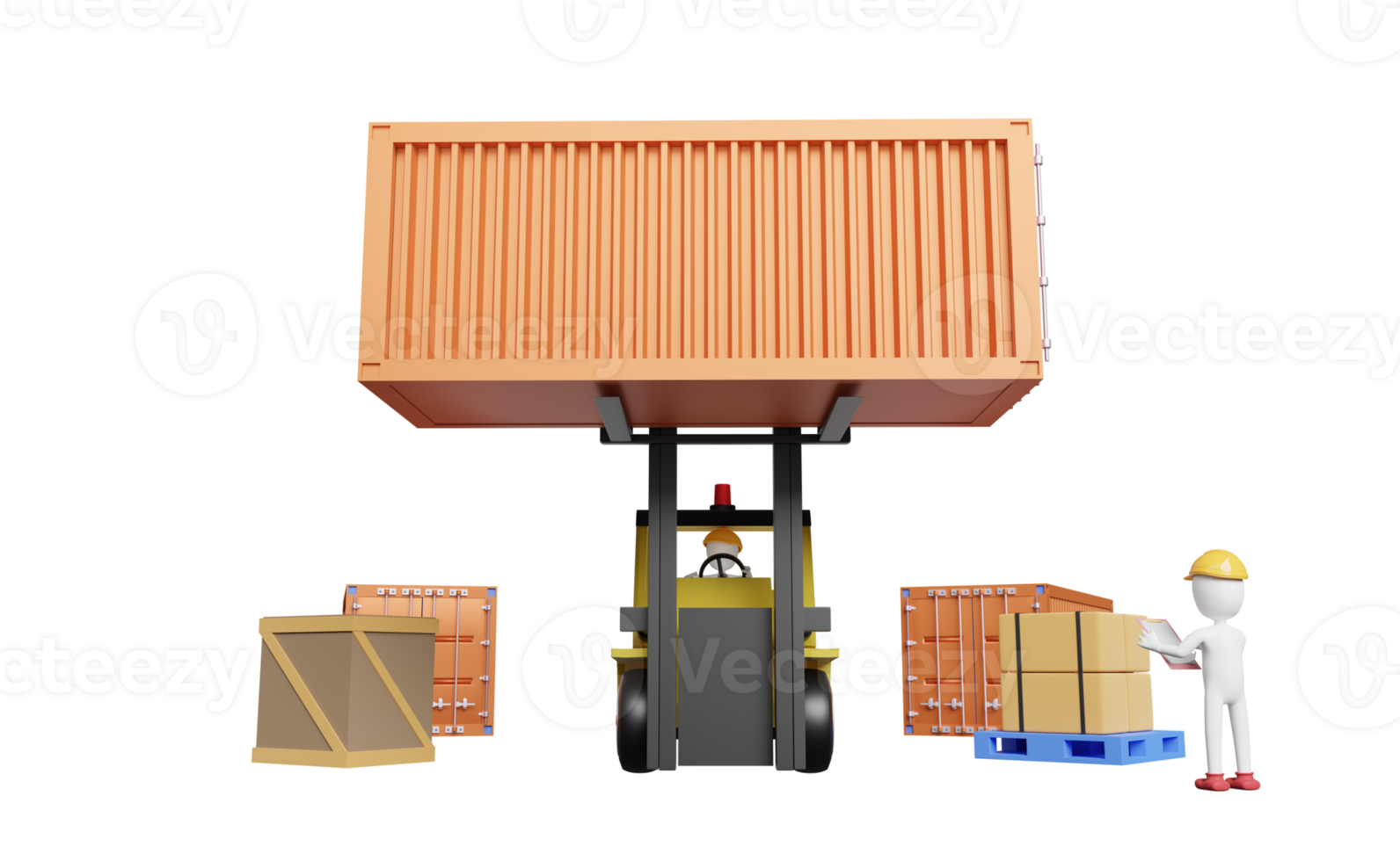 Stick man with shipping container for import export and forklift and goods and pallet, logistic service concept isolated. 3d illustration or 3d render png