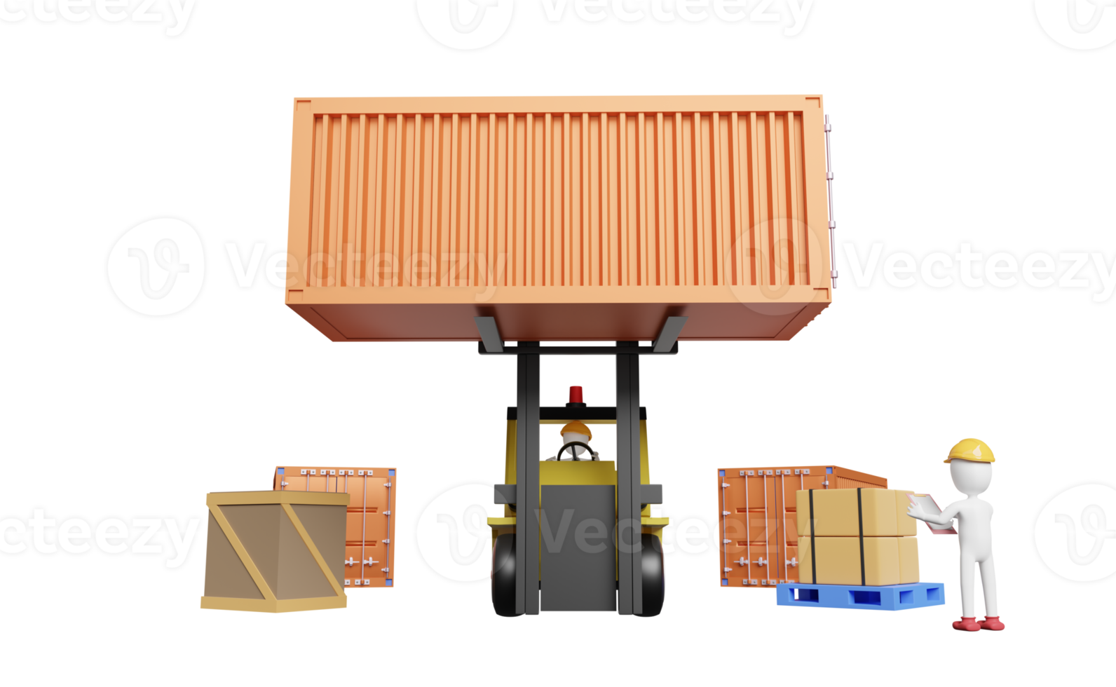 stick man con contenedor de envío para importación y exportación y montacargas y mercancías y paletas, concepto de servicio logístico aislado. ilustración 3d o renderizado 3d png