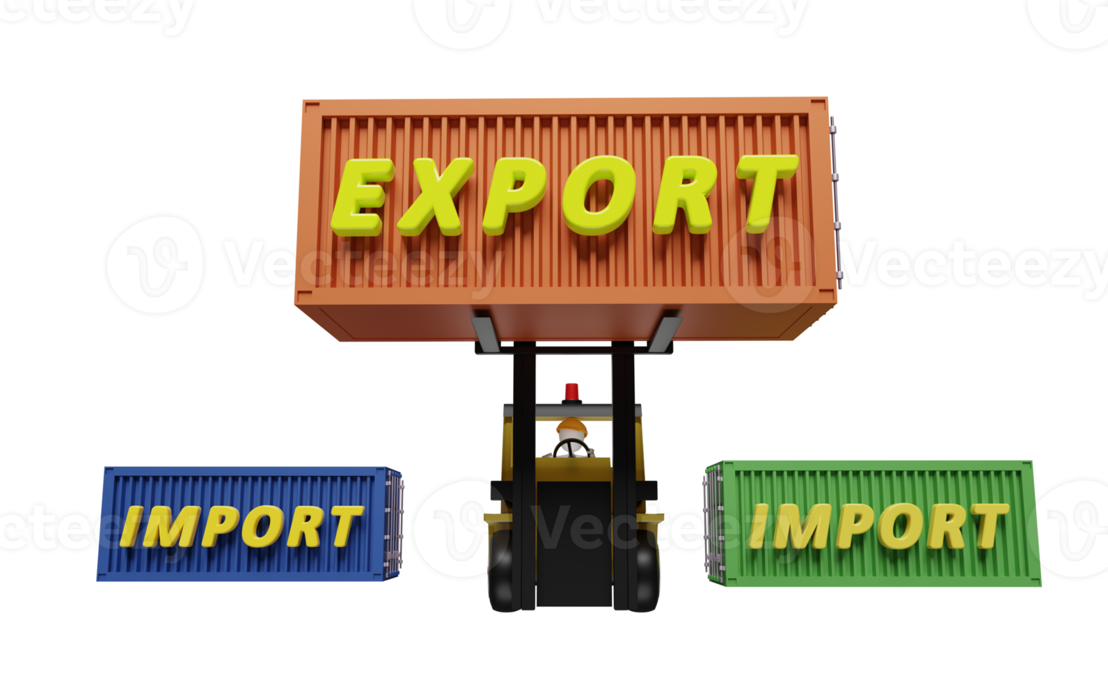 Strichmännchen mit Versandbehälter für Import, Export und Gabelstapler und Waren und Paletten, Logistikdienstleistungskonzept isoliert. 3D-Darstellung oder 3D-Rendering png