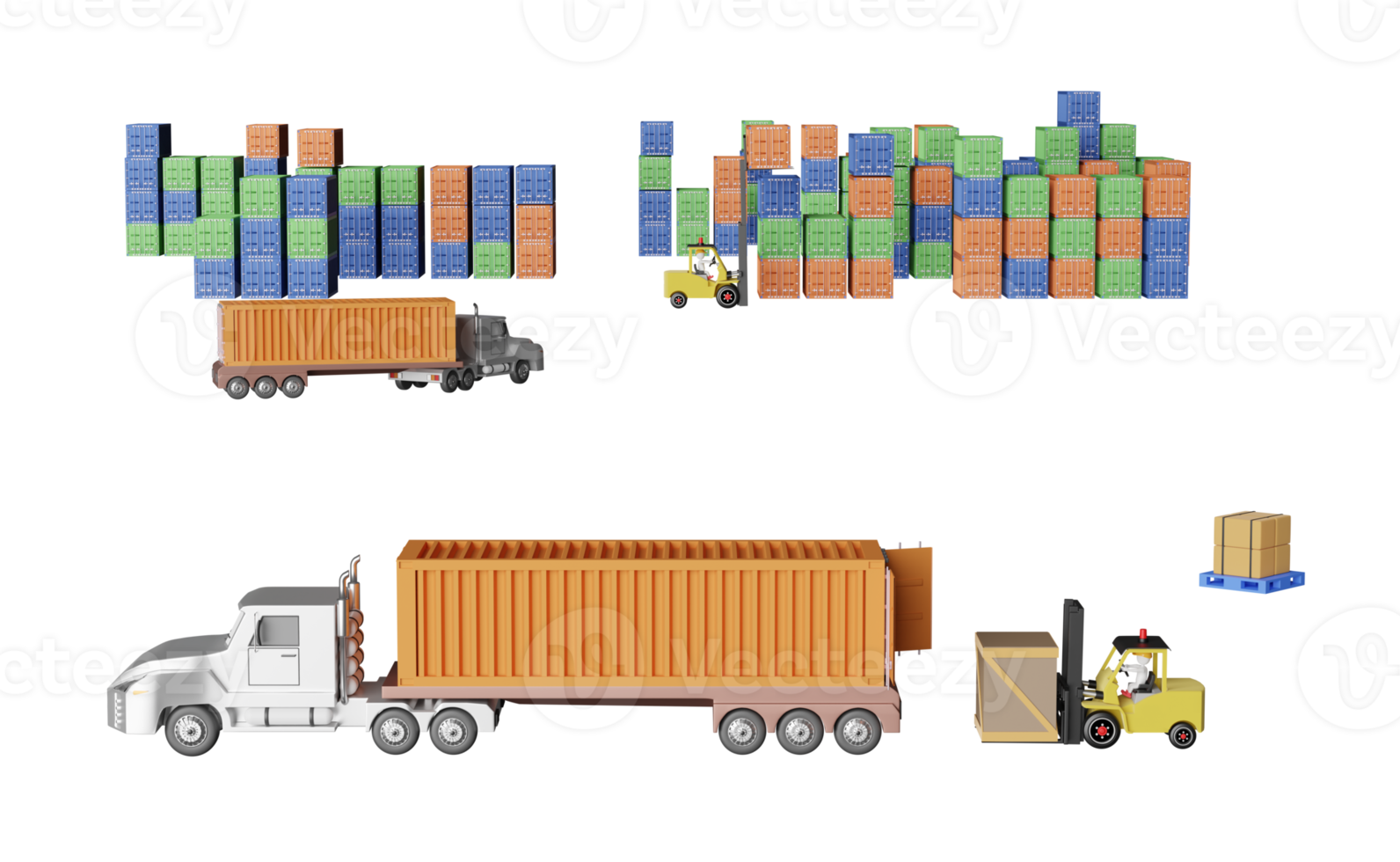 tractor and trailer or semi truck with shipping container for import export, stick man drive forklift with goods and pallet, logistic service concept, 3d illustration or 3d render png