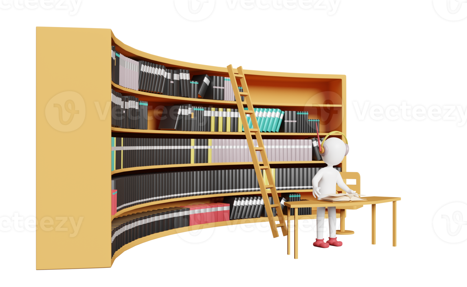 Stick man with book shelves in library, education and learning concept, 3d illustration or 3d rendering png