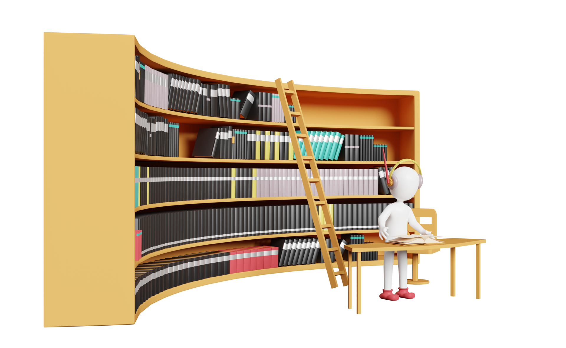 Stick man with book shelves in library, education and learning concept
