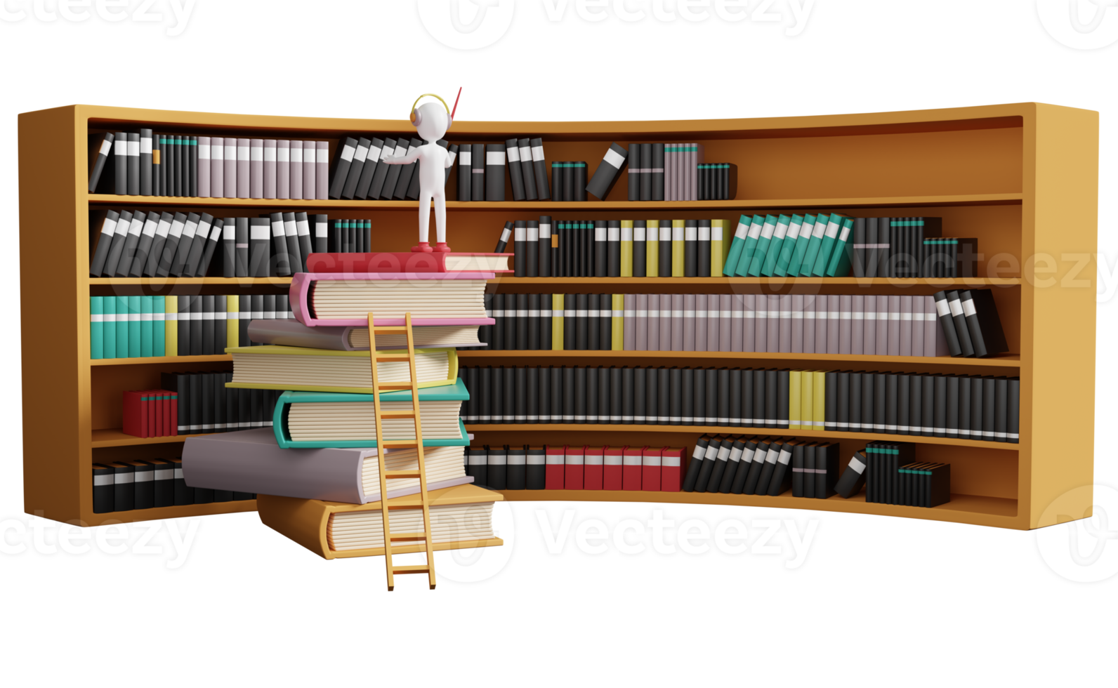 Stick man with book shelves in library, education and learning concept, 3d illustration or 3d rendering png
