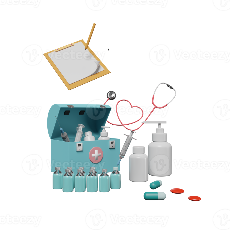 First aid kit with stethoscope and syringe, check list isolated. Concept 3d illustration or 3d render png