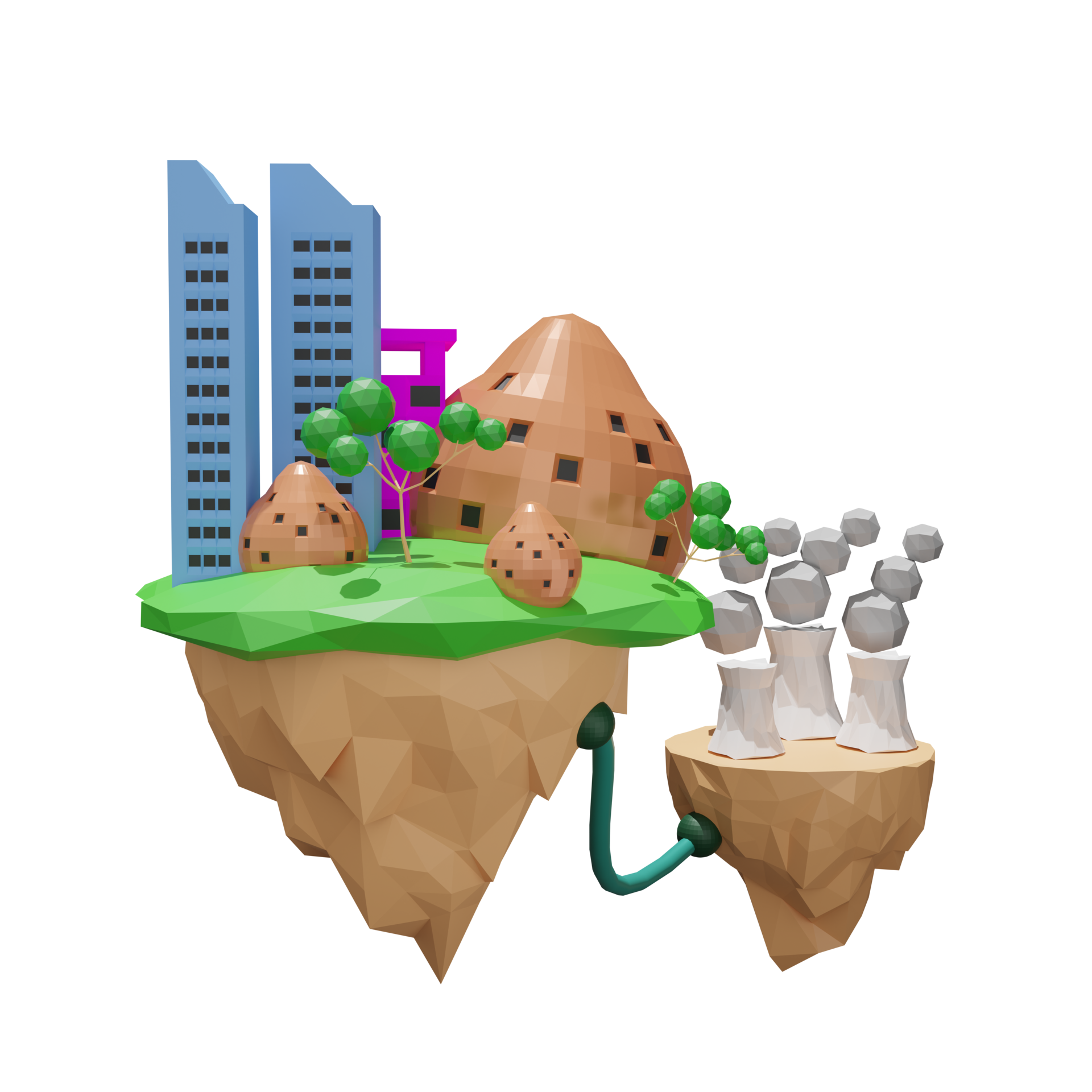 tower city uses power plant station on floating island with nuclear