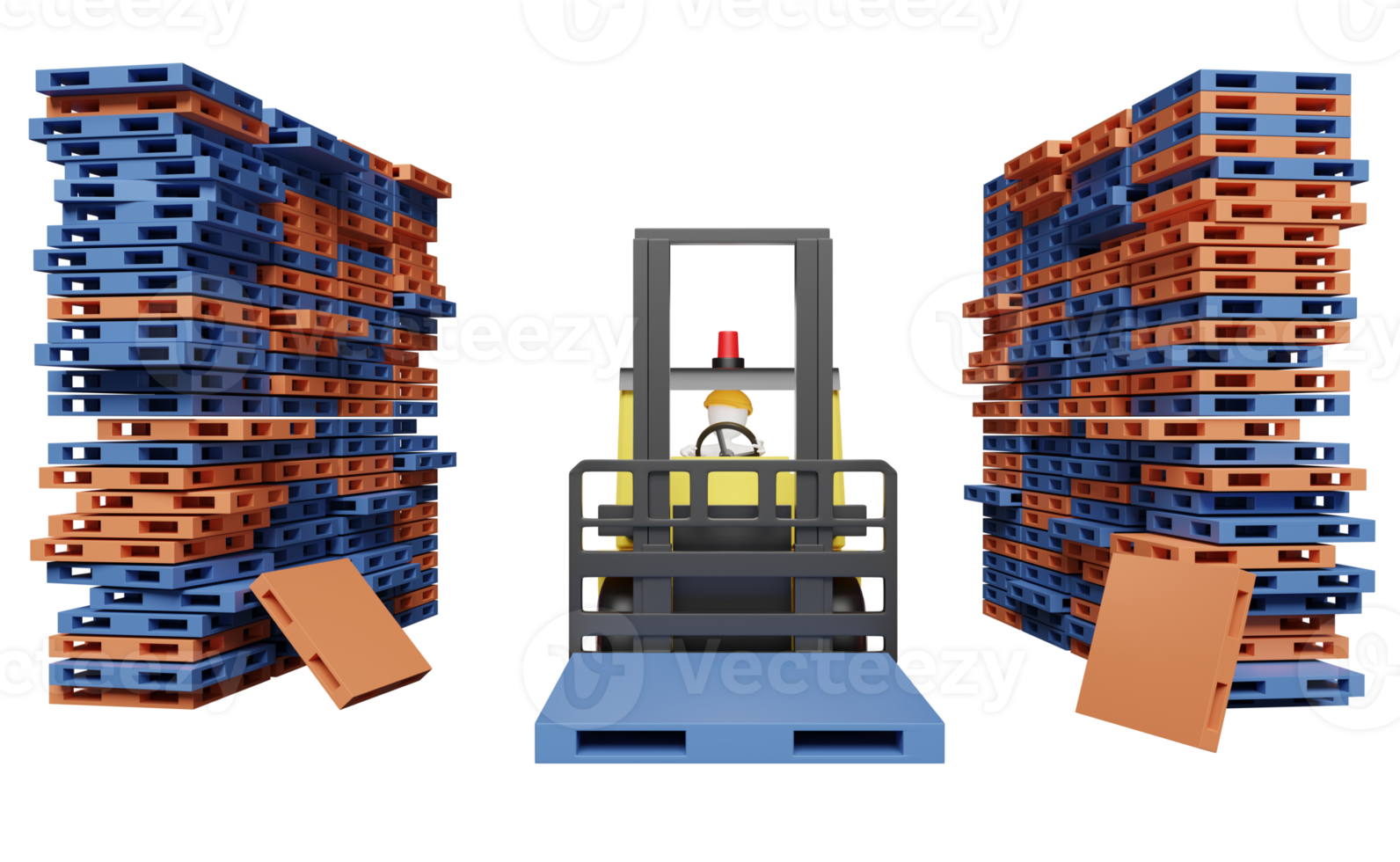 Stick man with shipping container for import export and forklift and goods and pallet, logistic service concept, 3d illustration or 3d rendering png