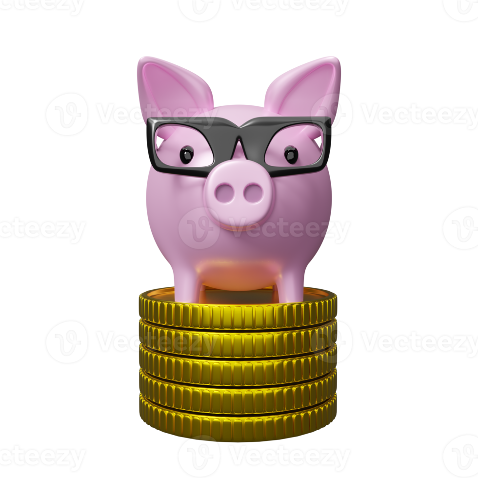 piggy bank and glasses with gold coins money, Finance Investment Concept, 3d illustration or 3d render png
