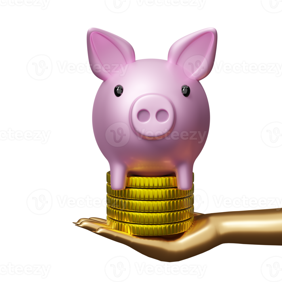 varkentje bank met handen Holding goud munten geld geïsoleerd. financiën investering concept, 3d illustratie of 3d geven png