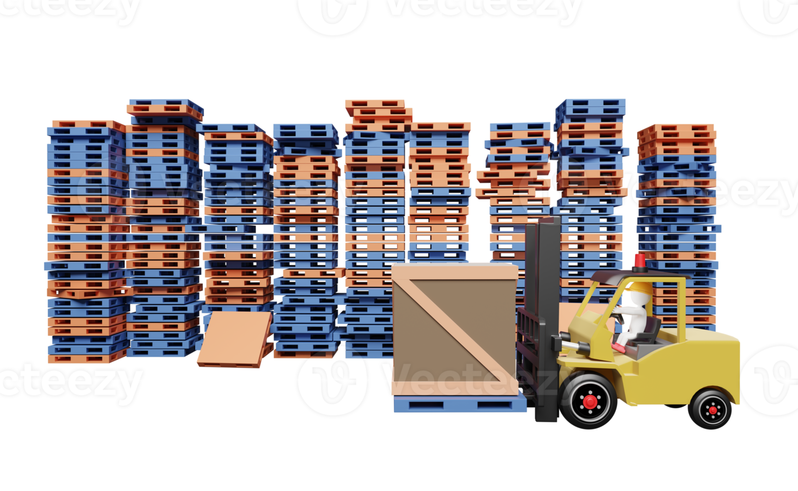 stick man gabelstaplerfahrer mit palette für import export und waren, logistikkonzept isoliert. 3D-Darstellung oder 3D-Rendering png