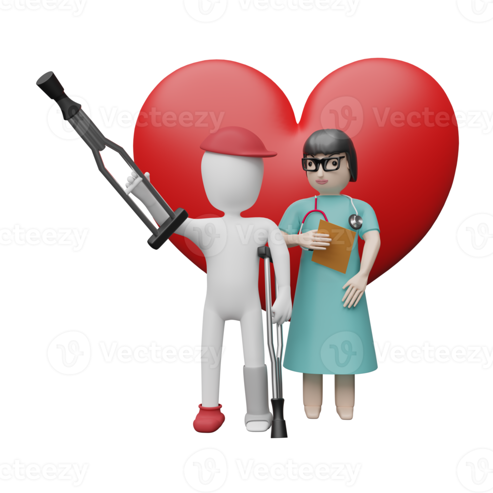 Stick man and crutches with Doctor and red heart isolated. Accident insurance concept, 3d illustration or 3d rendering png