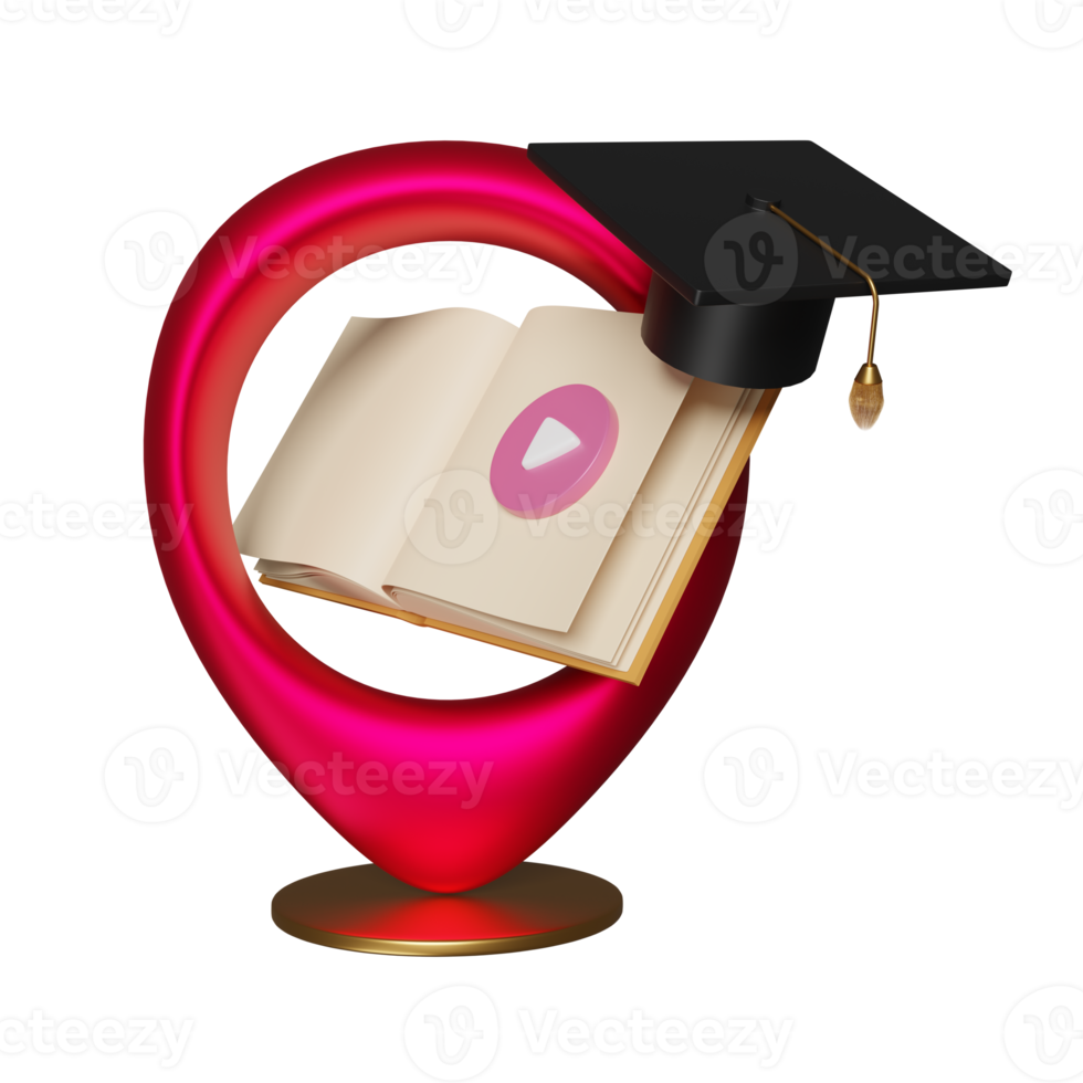 red pin with book and graduation hat, achieve goals and success concept, 3d illustration or 3d rendering png