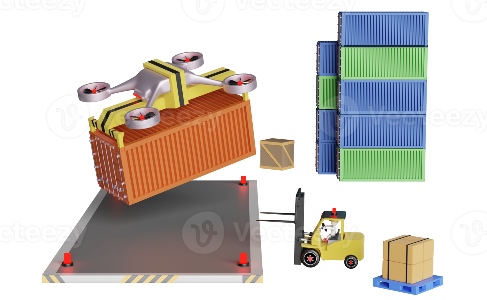 leverans Drönare med frakt behållare för importera exportera och gaffeltruck och varor och lastpall, logistisk service av de framtida begrepp, 3d illustration eller 3d framställa png