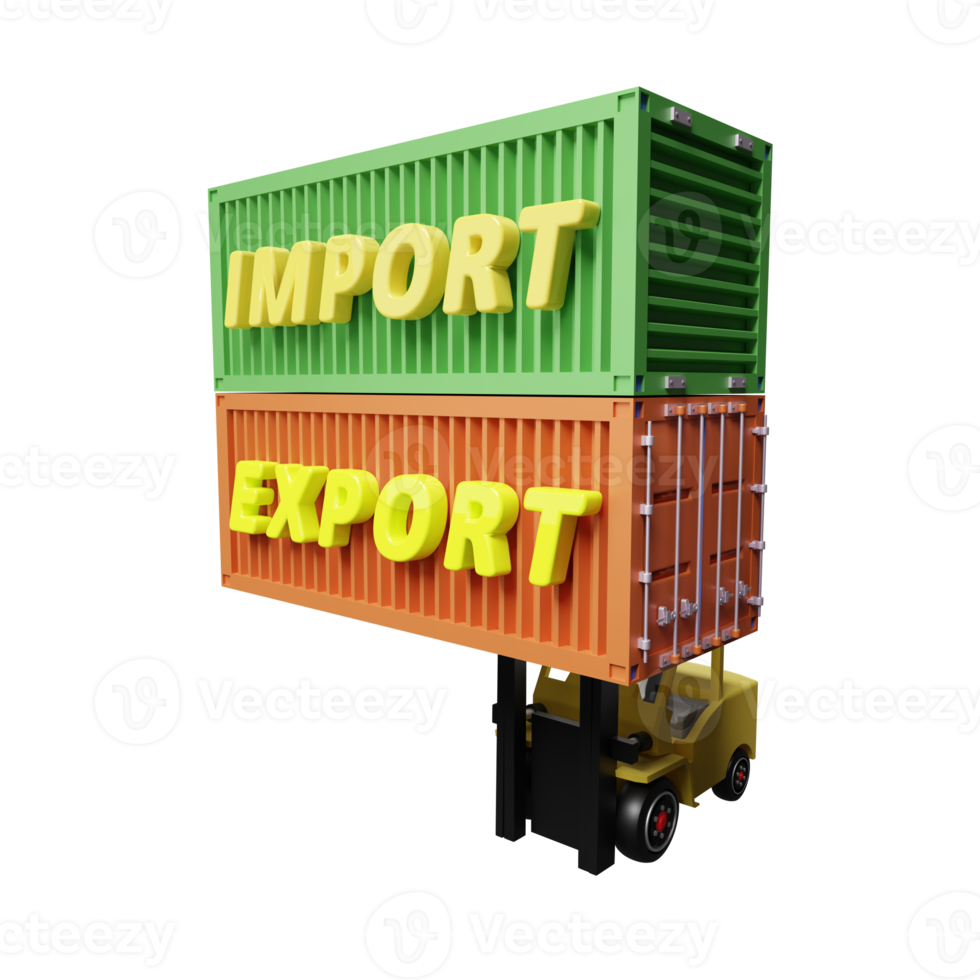 shipping container for import export and forklift, logistic service concept isolated. 3d illustration or 3d render png