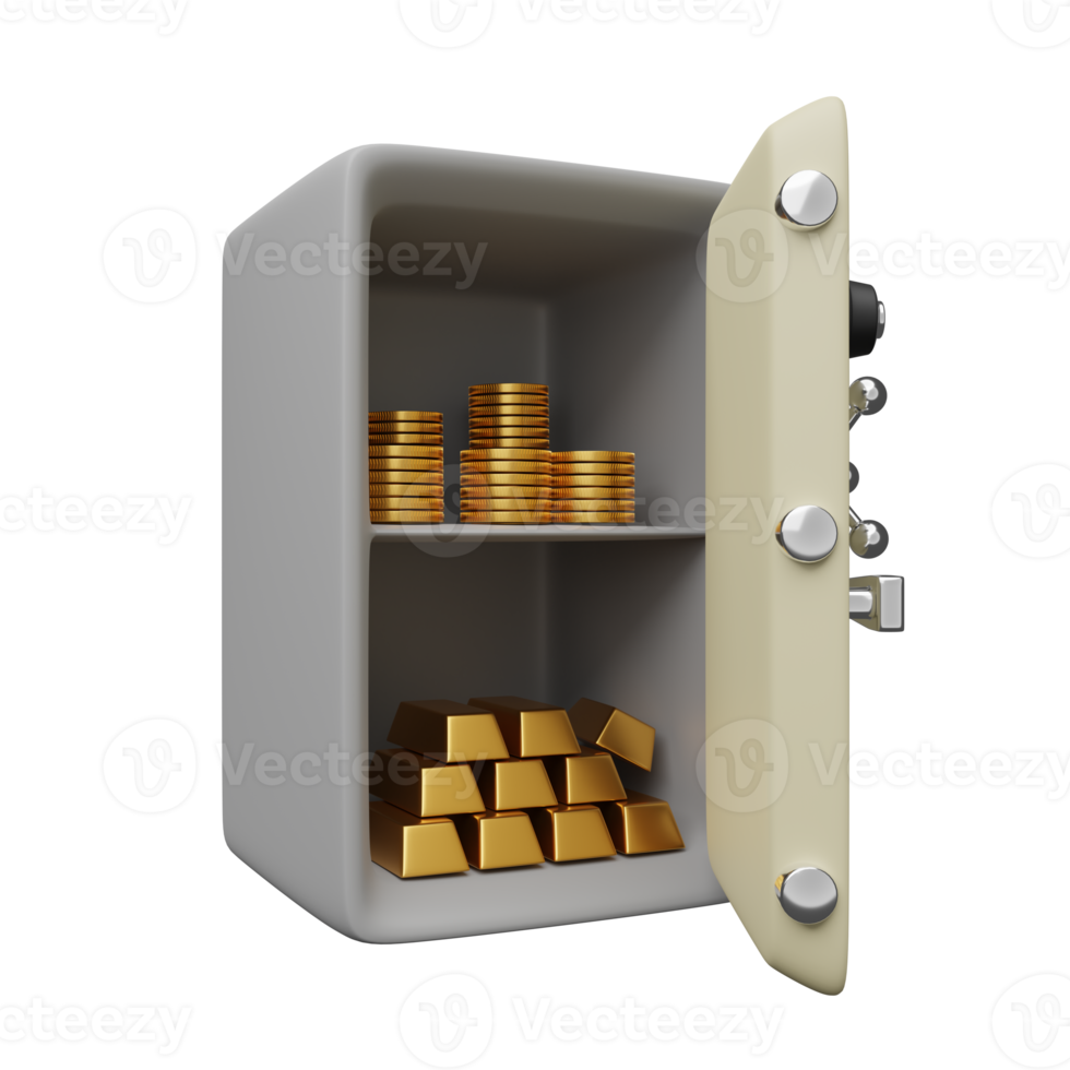 Safe box full of coins stack and gold bar, Ingot isolated. business banking concept, 3d illustration or 3d render png