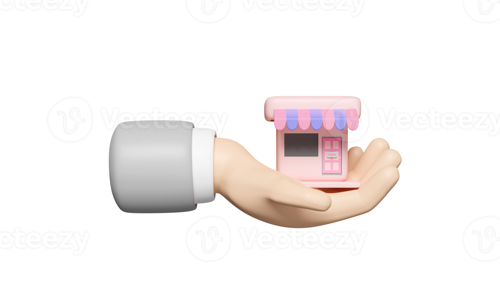 manos de dibujos animados sosteniendo el frente de la tienda aislado. negocio de franquicia de inicio o concepto de aprobación de préstamo, ilustración 3d o presentación 3d png