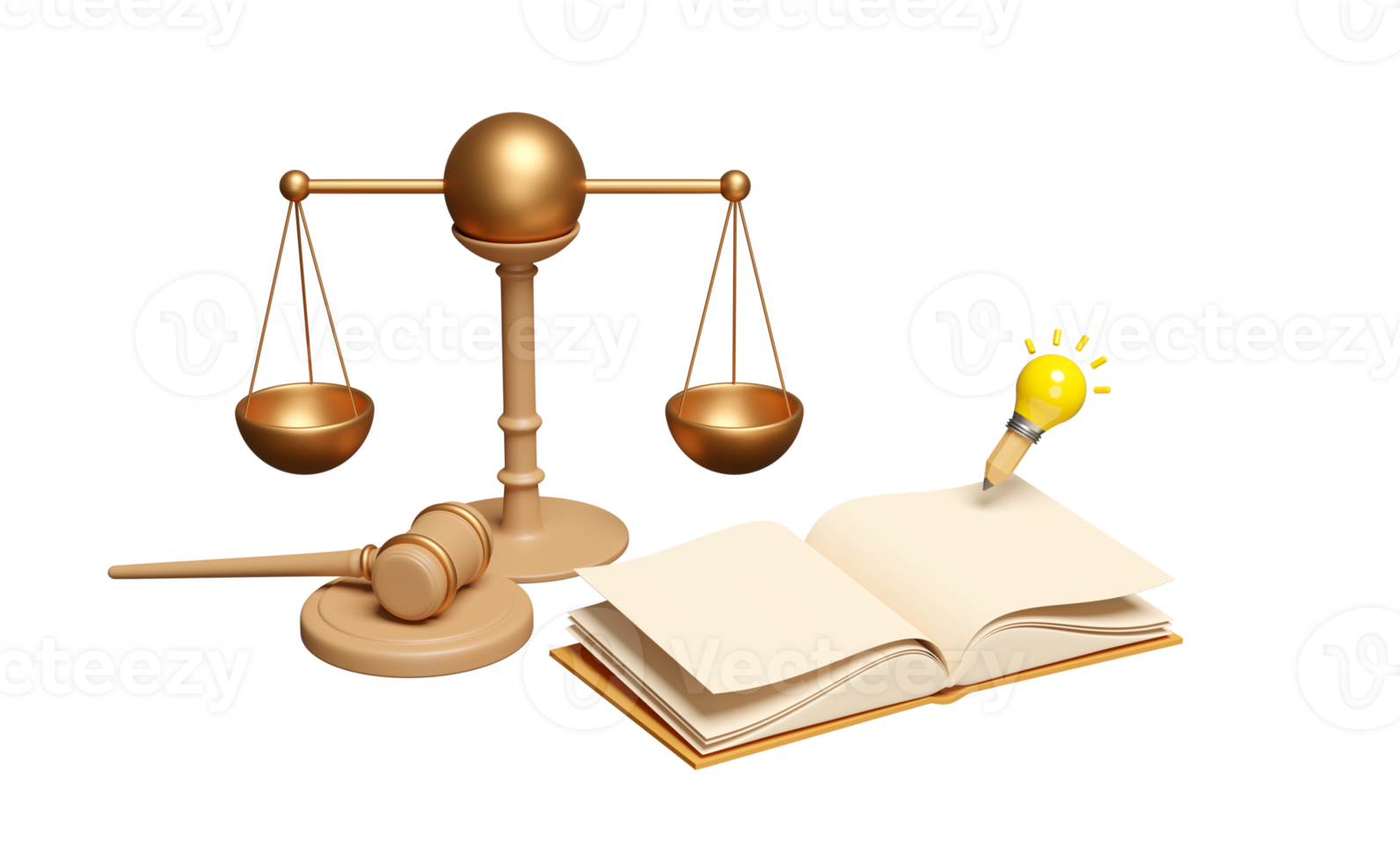 3D-Richterhammer, Hammerauktion mit Ständer, Justizwaage, Glühbirne, Bleistift, offenes Buch isoliert. gesetz, symbol des justizsystems, ideentipp, 3d-renderillustration png