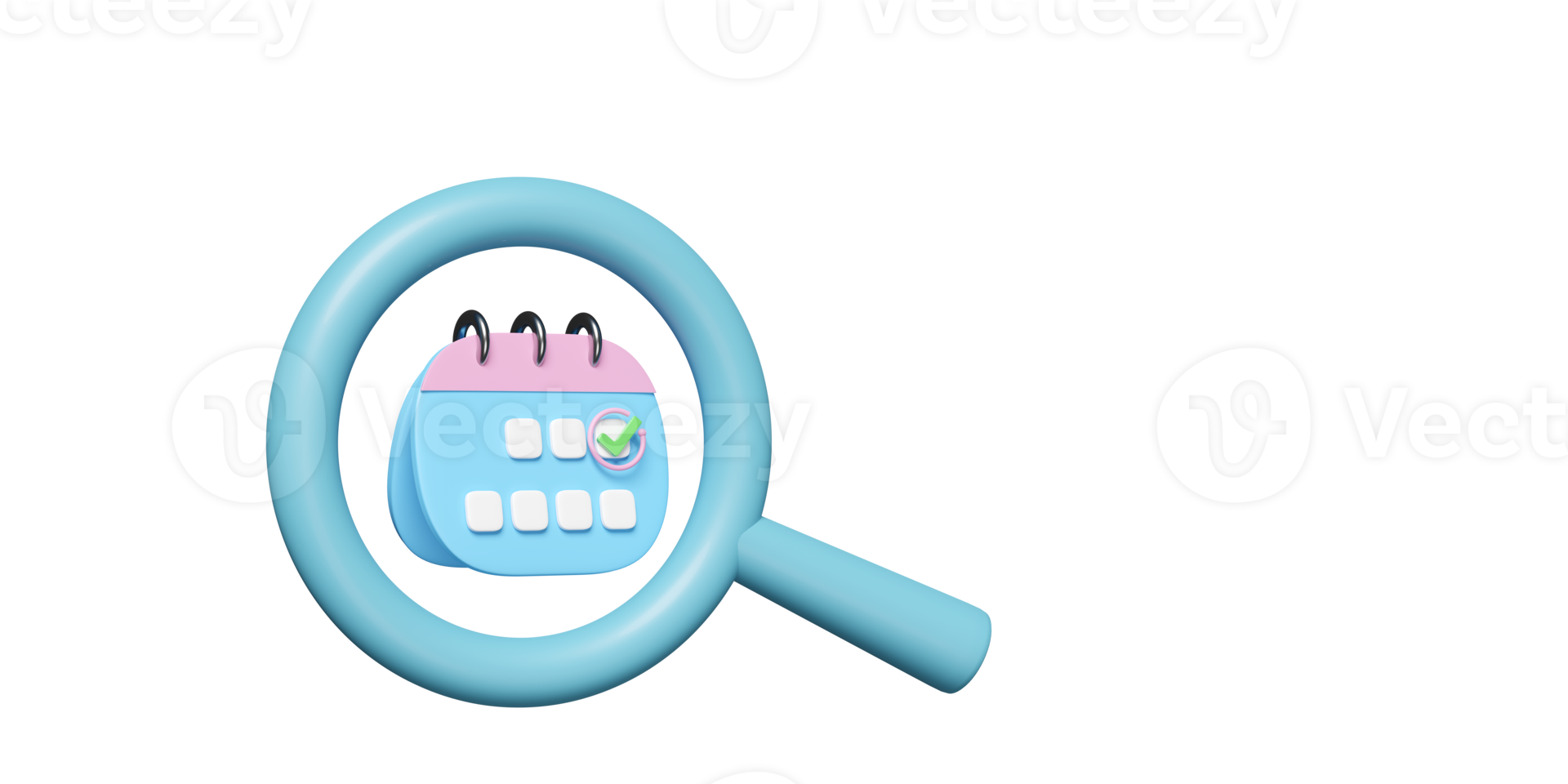 blue calendar for marked date with magnifying glass, checkmark icons