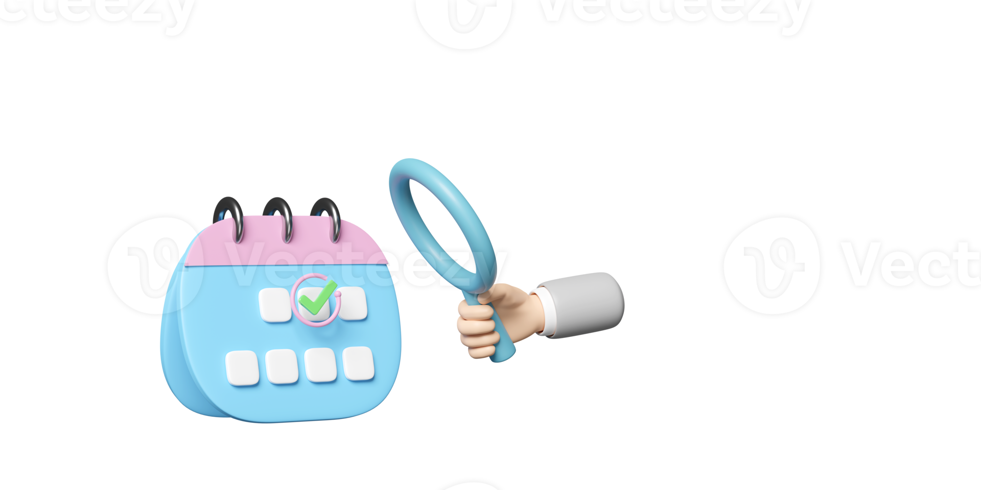 Calendar date with businessman hands holding magnifying glass, check mark isolated. find a business day, marked date concept, 3d illustration or 3d render png