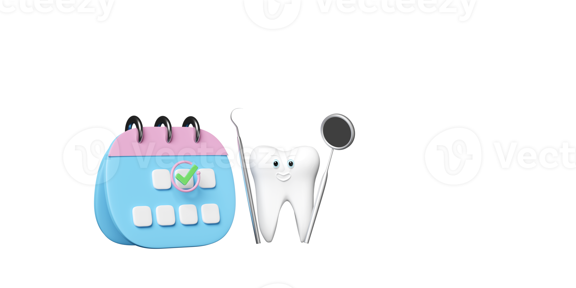 calendario 3d con modelo de dientes molares dentales, fecha marcada, espejo de dentista, escalador de hoz aislado. salud de dientes blancos, examen dental del dentista, ilustración 3d png