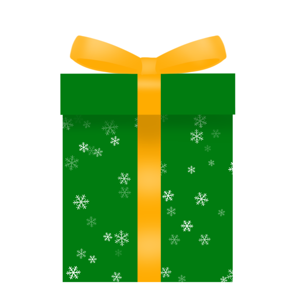 Green giftbox with gold ribbon and snow flakes texture. Illustration Free png