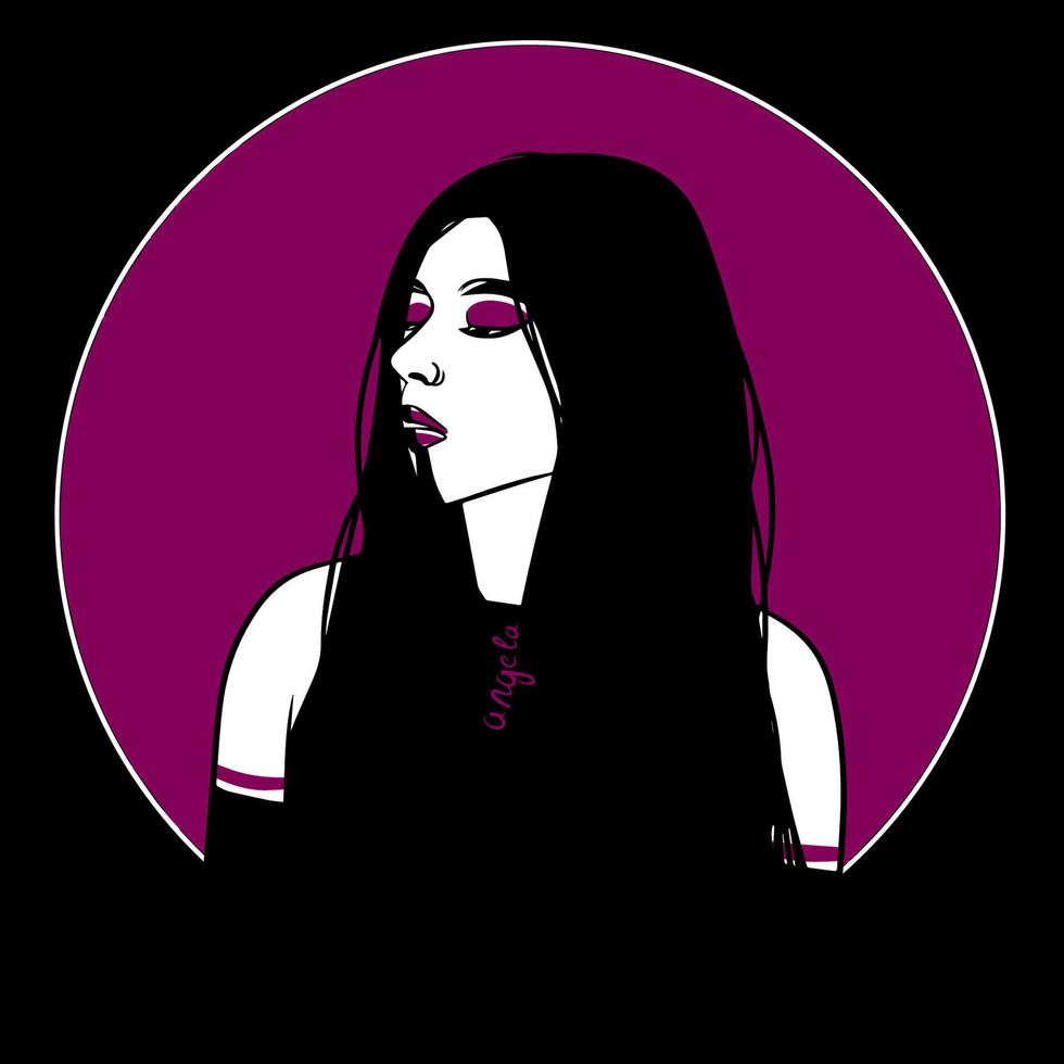 Stylish and minimalist portrait of a girl with long hair in purple and white tones vector