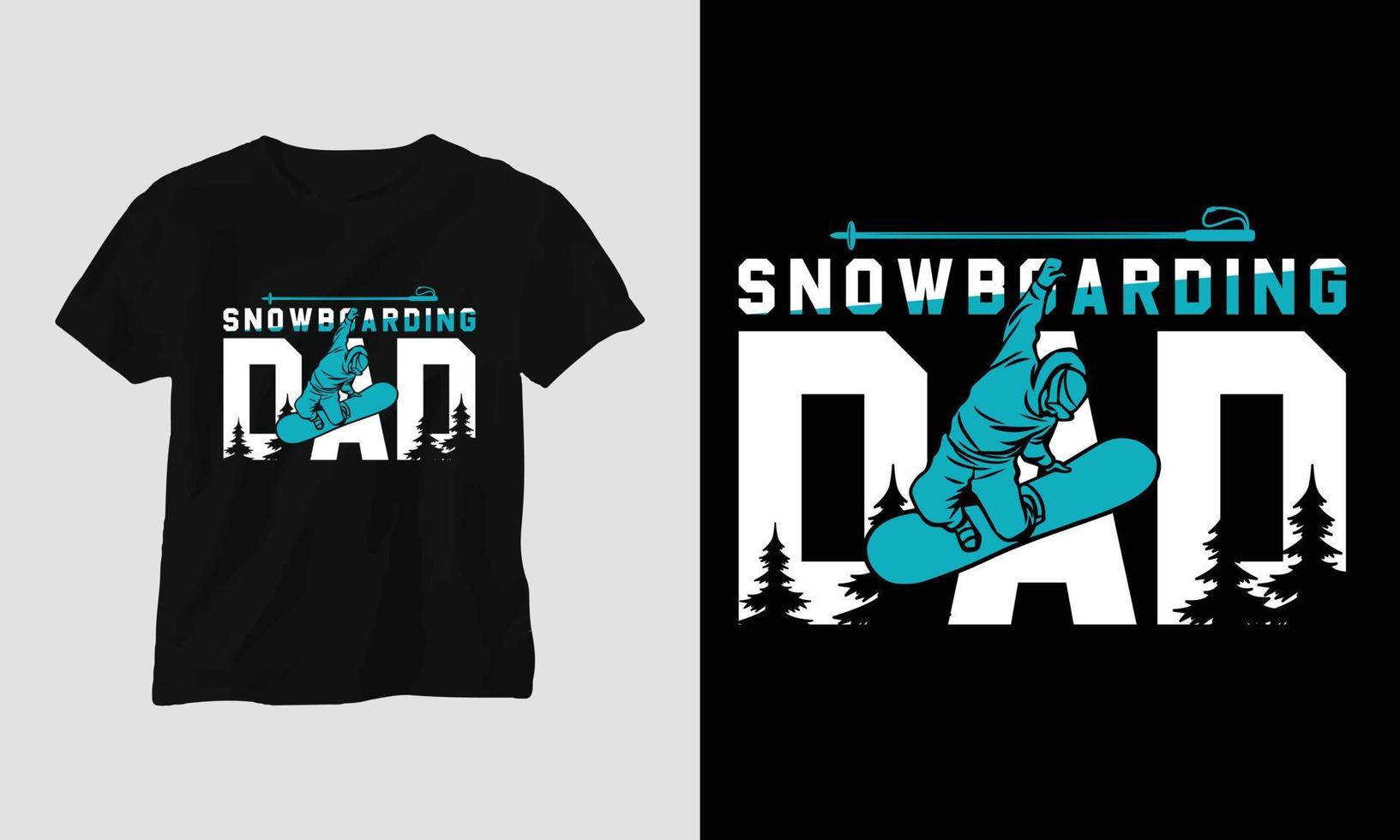 diseño de camiseta de papá snowboard con montañas, snowboard y estilo retro vector