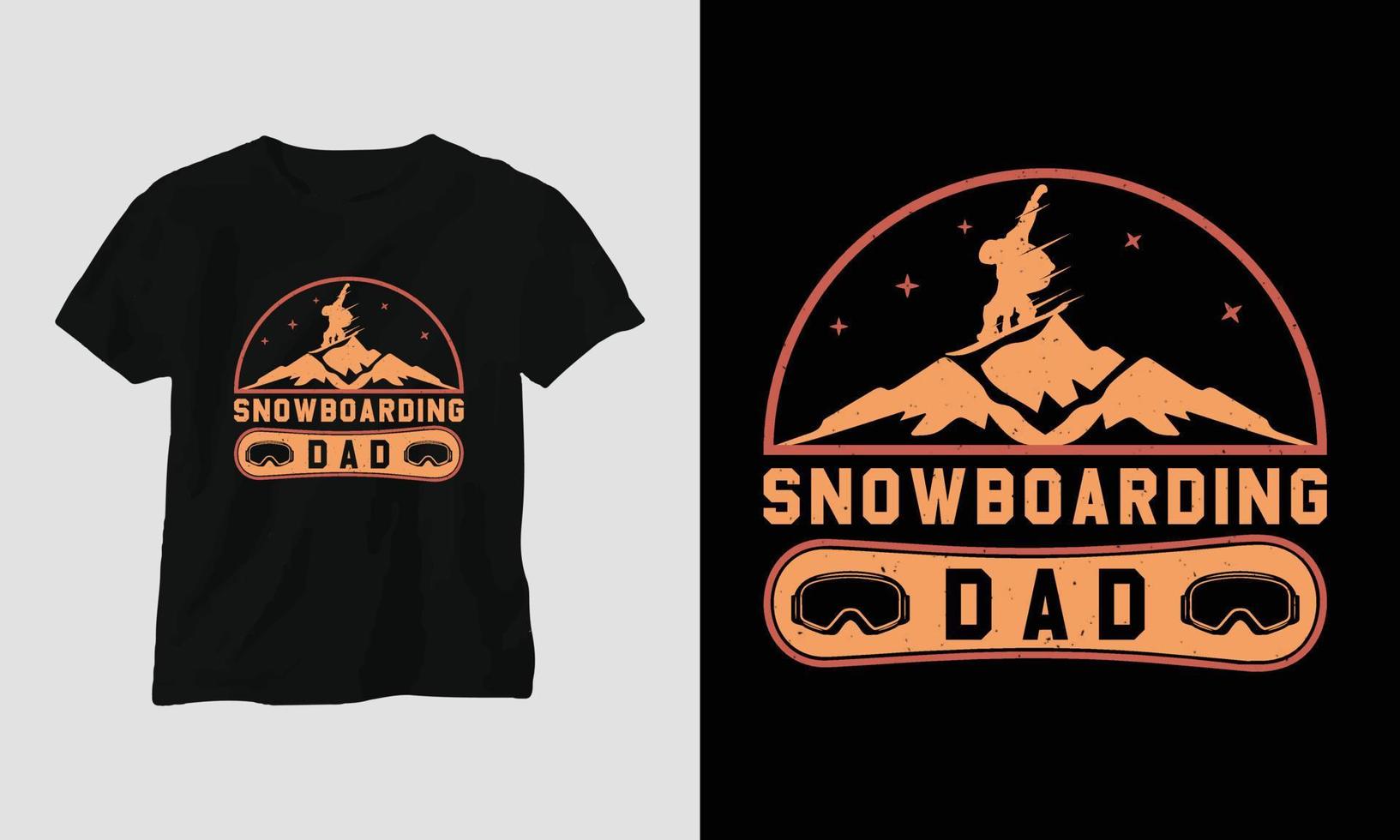 diseño de camiseta de snowboarding dad con montañas, snowboard y estilo retro vector