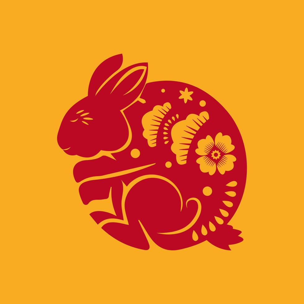 colección de conejos chinos de conejitos rojos aislados en el símbolo de fondo naranja del año 2023 vector