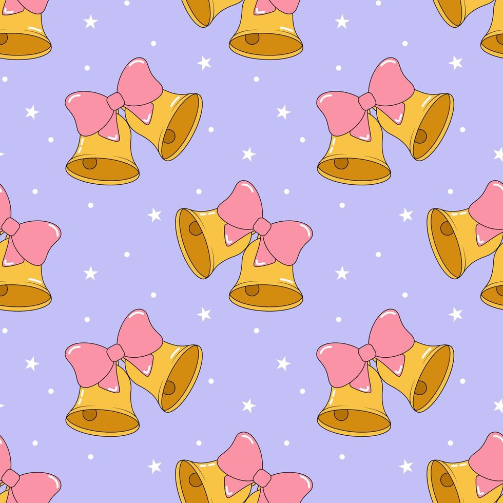 Seamless pattern with golden Jingle bells decorated with pink bow. Pop art sticker, trippy groovy vector. Great for wrapping, wallpaper, card. Funky positive background. Trendy y2k retro hippie print vector