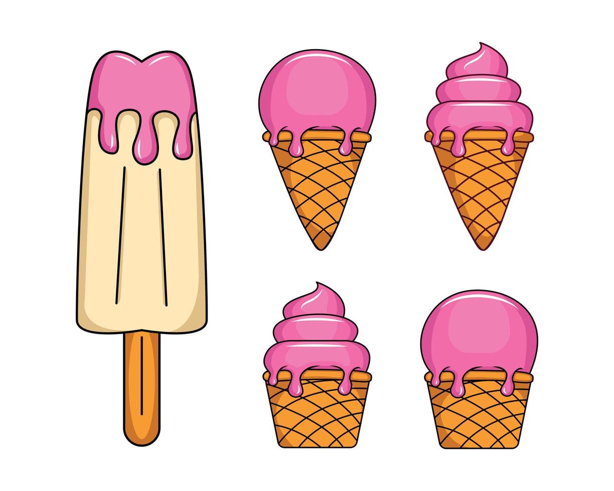 juego de helados lindos, sundaes dulces, gelato, cono de helado, kulfi, sorbete, sorbete, servicio suave, ilustración de vector de paleta de hielo para web, diseño, impresión.