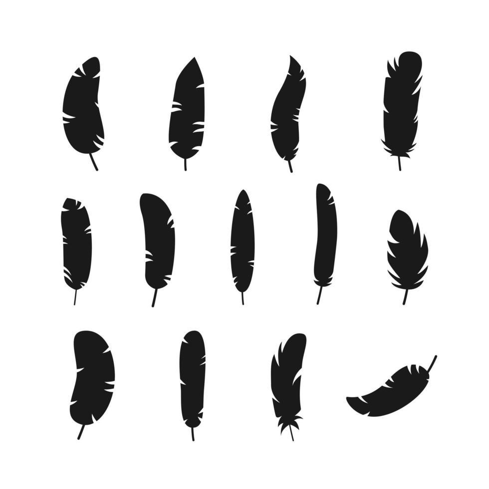 Set black feathers silhouettes on transparent background. Decorative illustration for sandblasting, laser and plotter cutting vector
