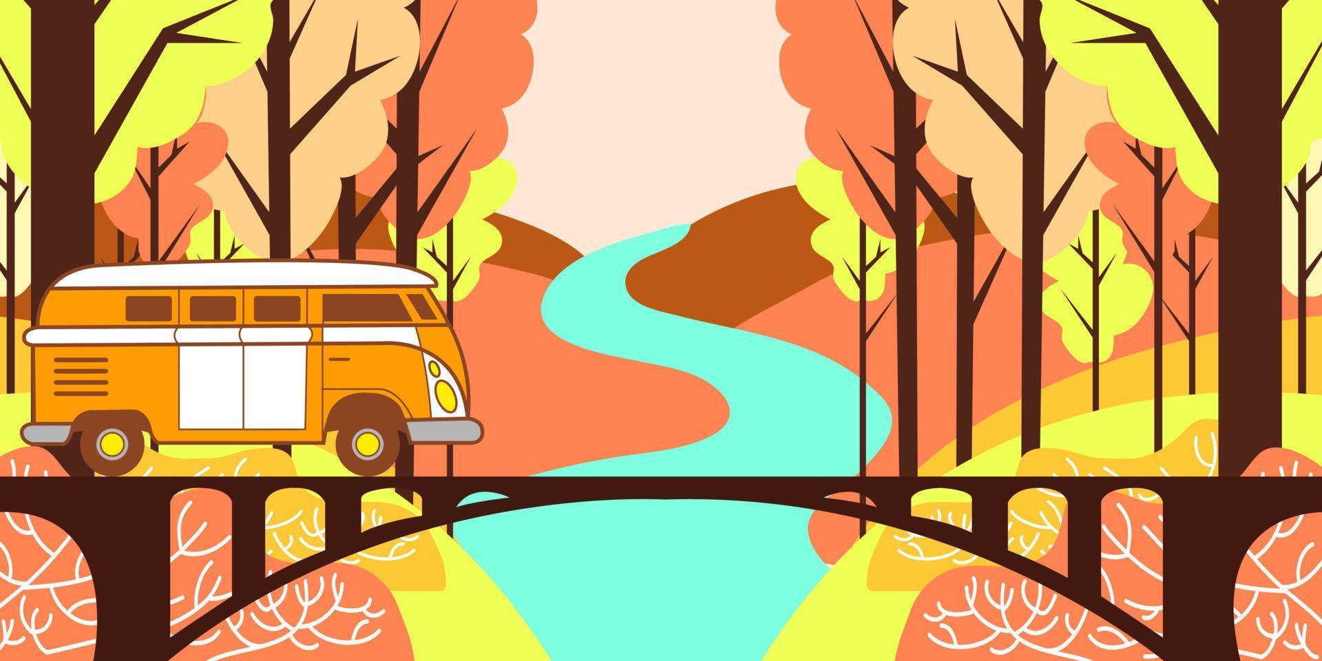 VW bus ride vector background with autumn mood