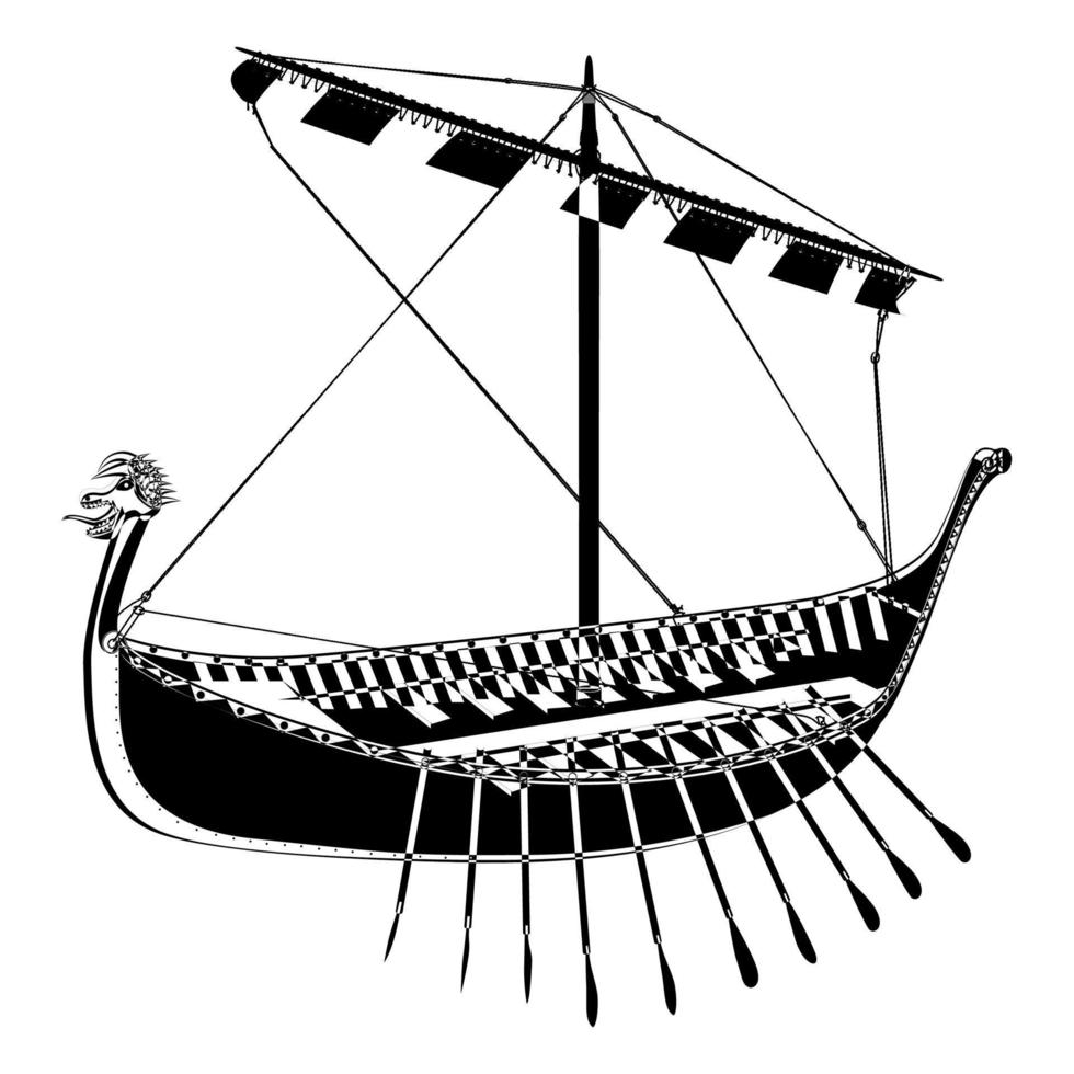 Drakkar. Viking rowing Ship in outline style. Norman ship sailing. Vector illustration isolated on white background.