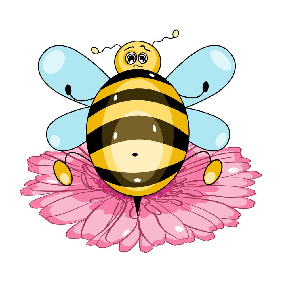 Cartoon character tabby bee with funny surprised face sitting on the flower in flat technique vector