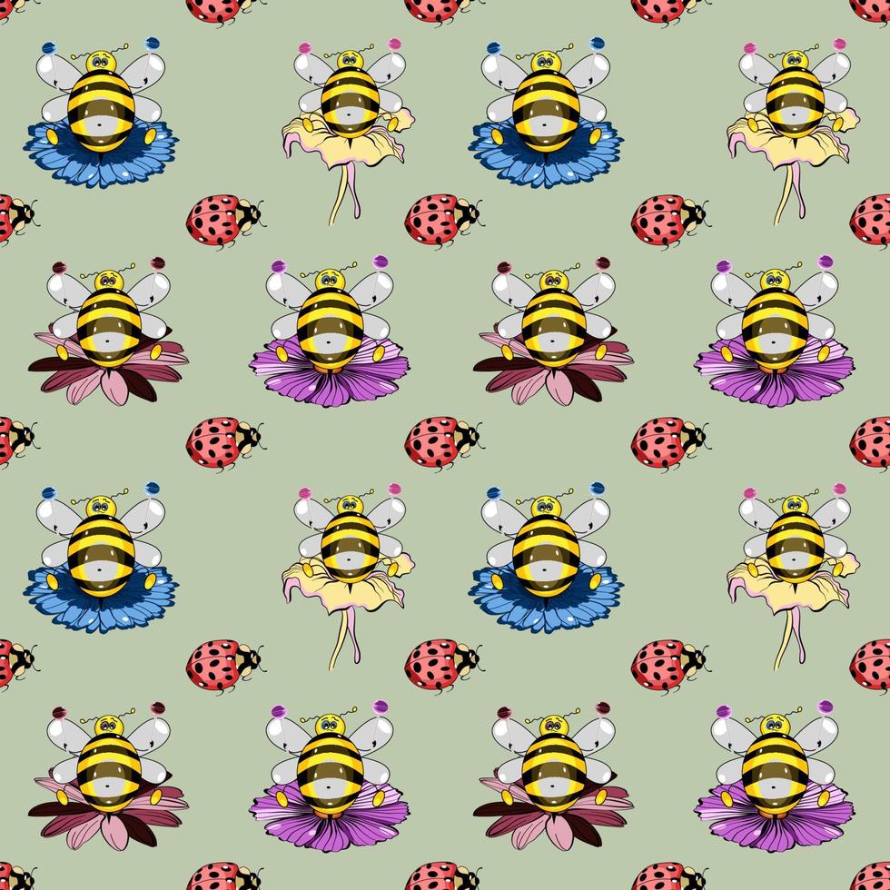 Seamless pattern with bees on flowers and ladybugs vector